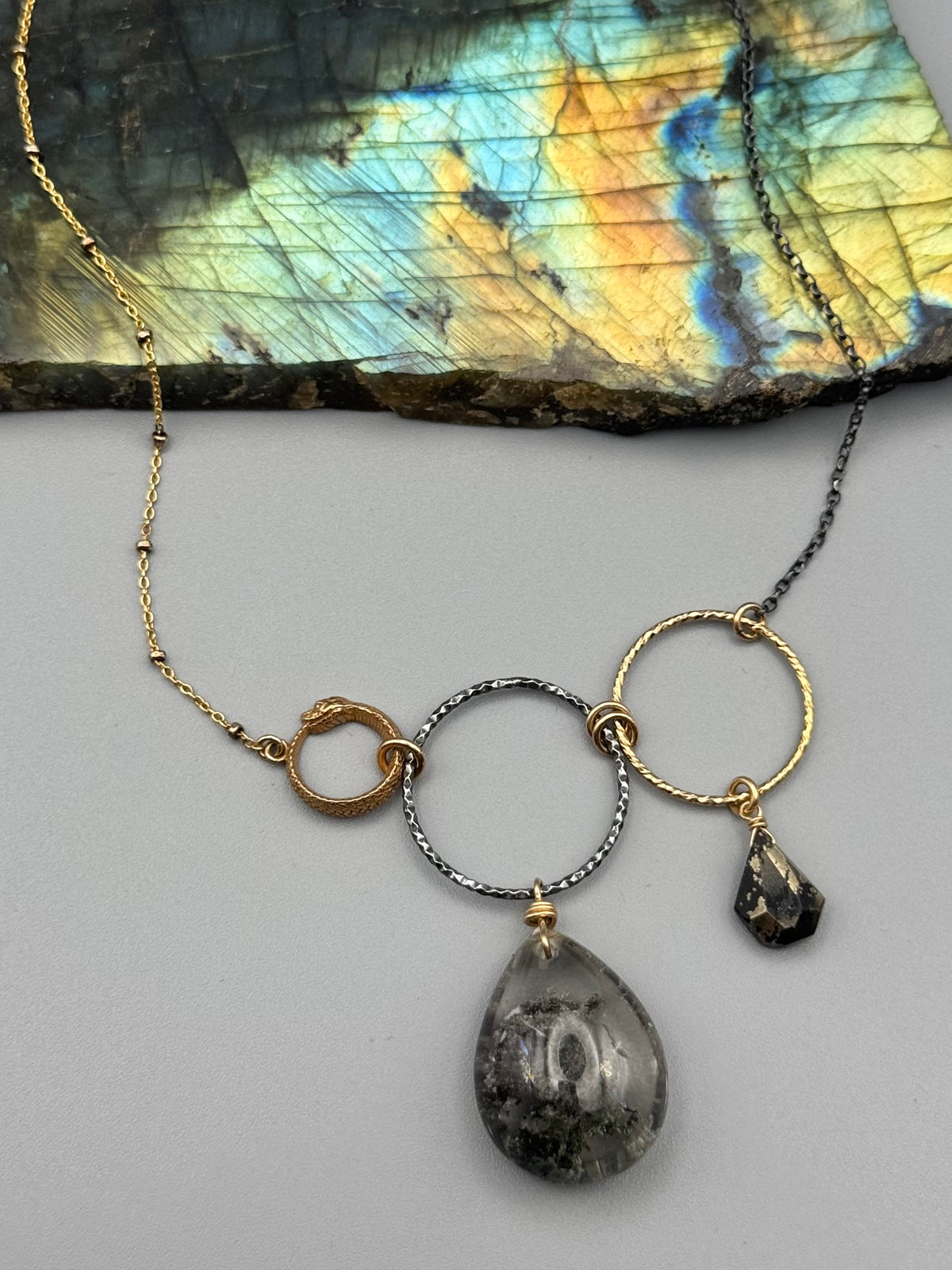 •NĀGA - UNION• lodolite + pyrite mixed metal necklace (16"-18" long)