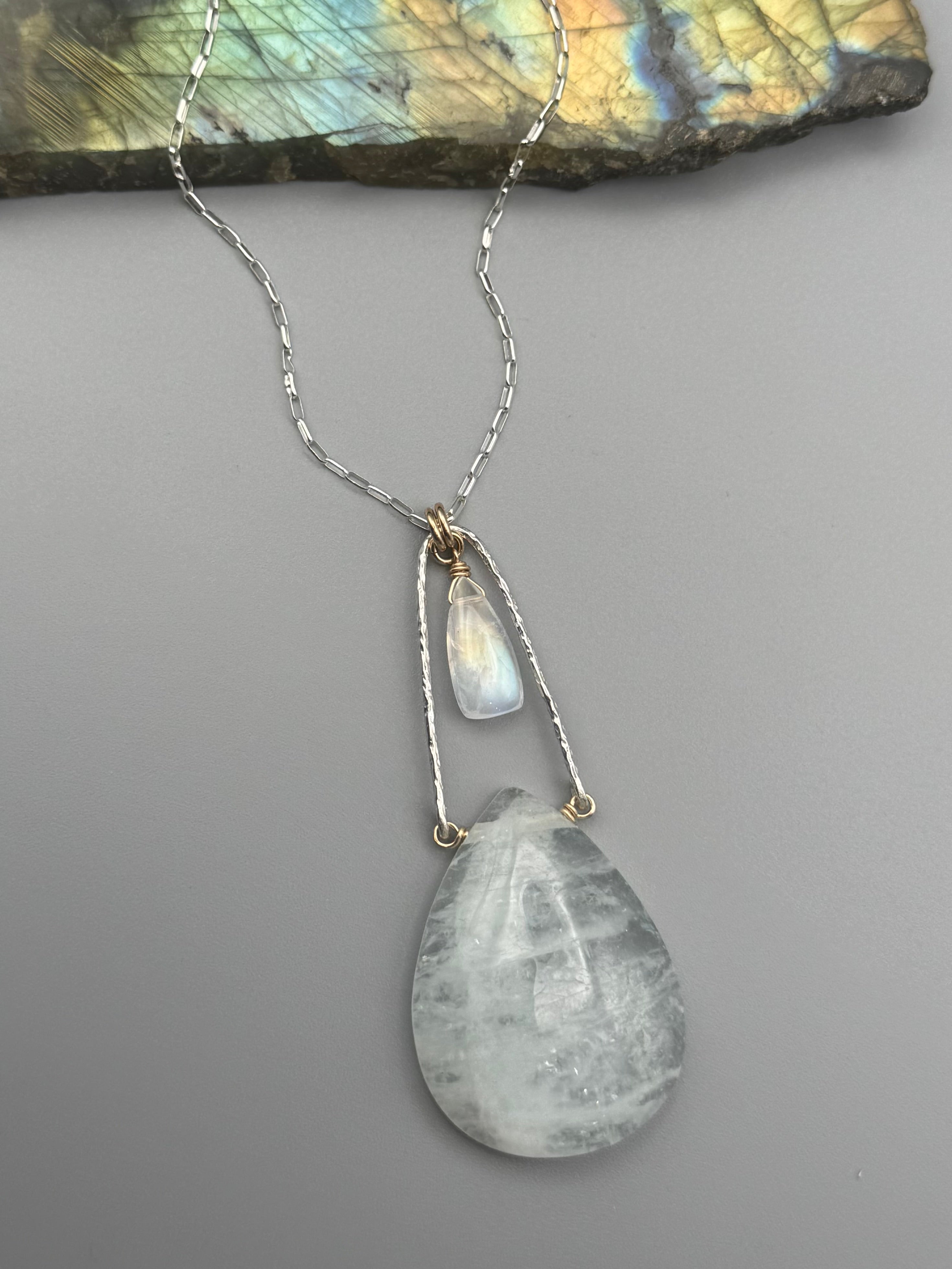 •INVOKE• rainbow moonstone + aquamarine mixed metal necklace (26"-28" long)