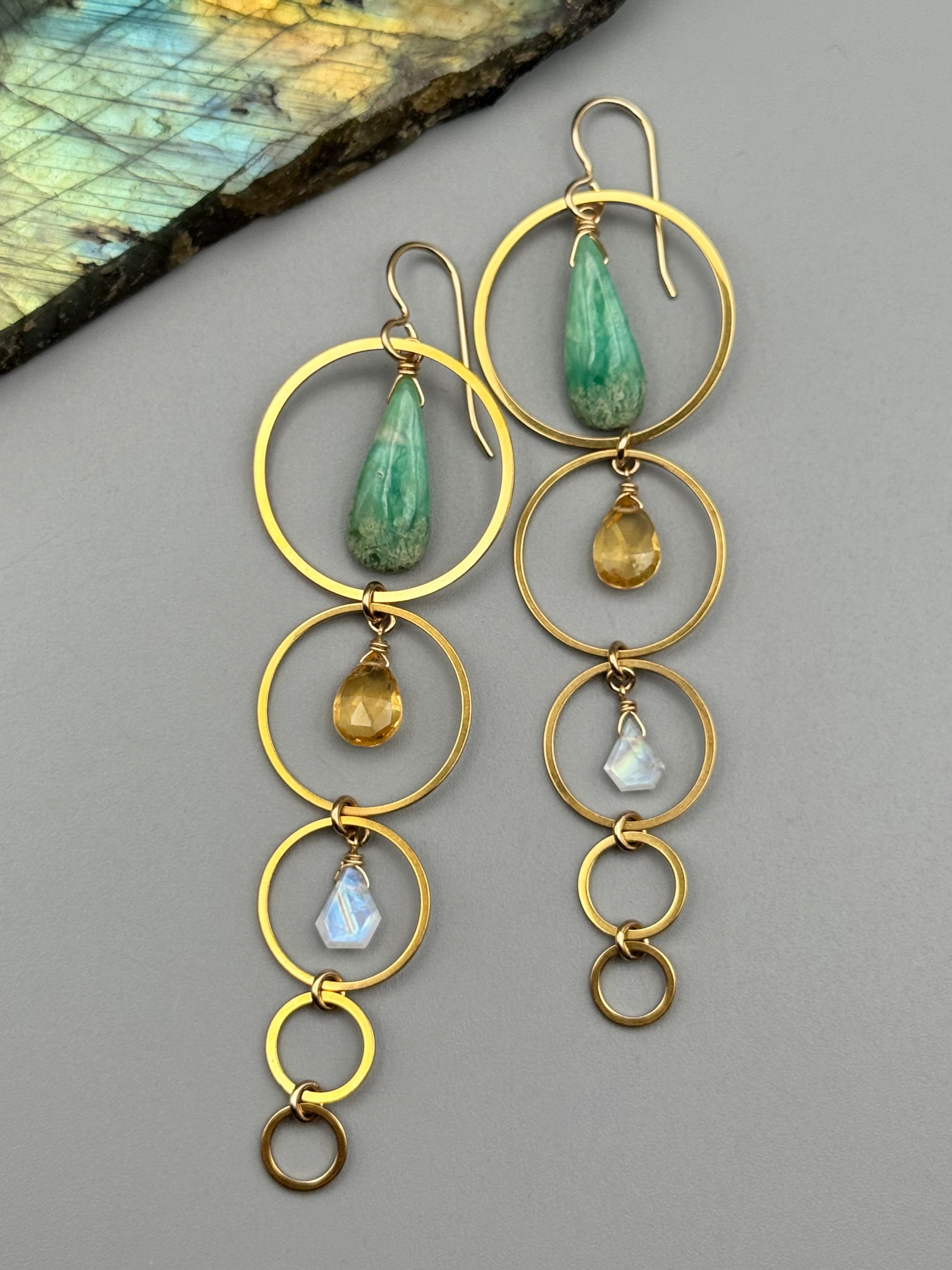 •10 OF CUPS• variscite + citrine + rainbow moonstone gold earrings