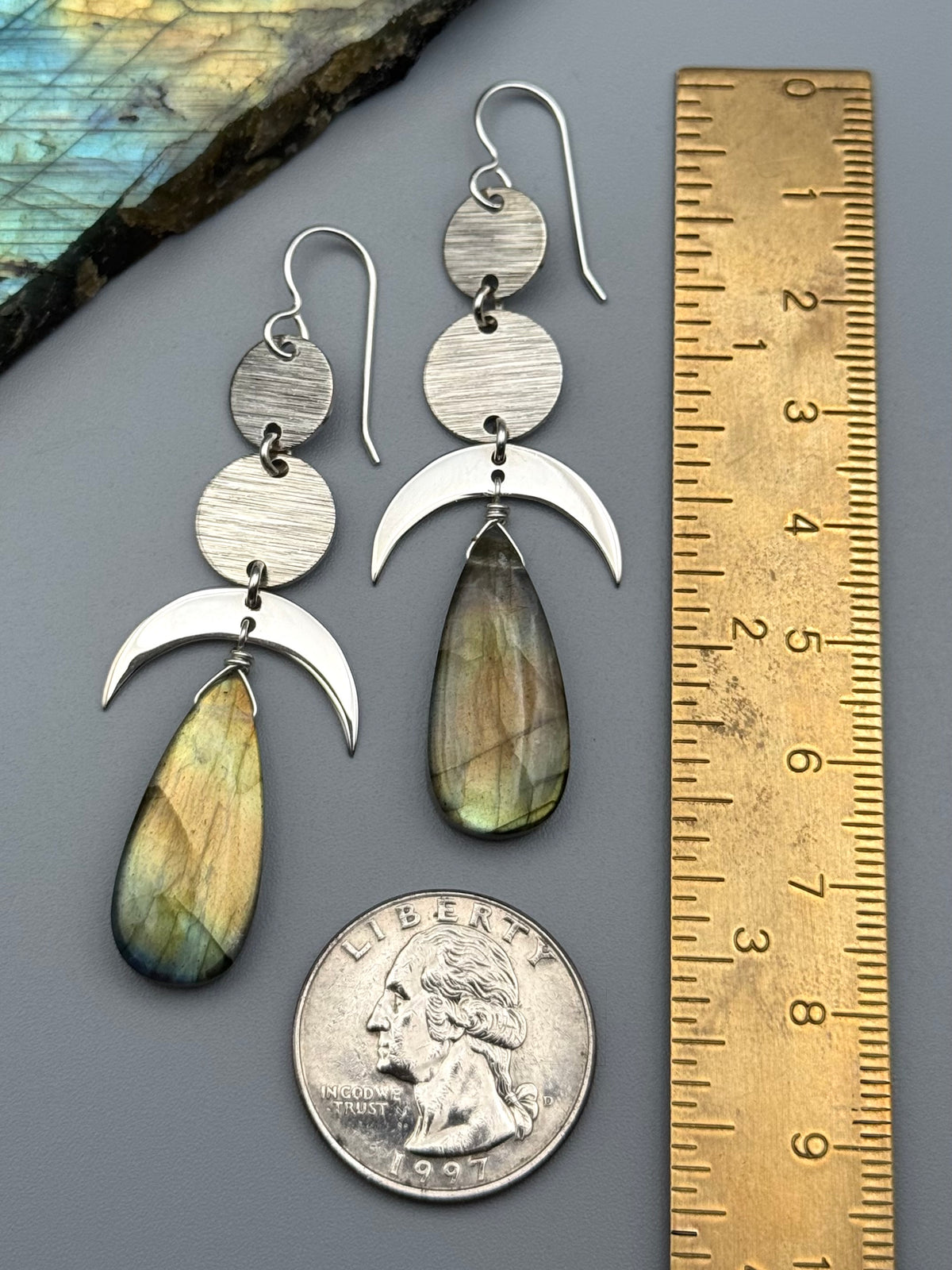 •NYX - MOONSTACK• golden labradorite tear + silver earrings