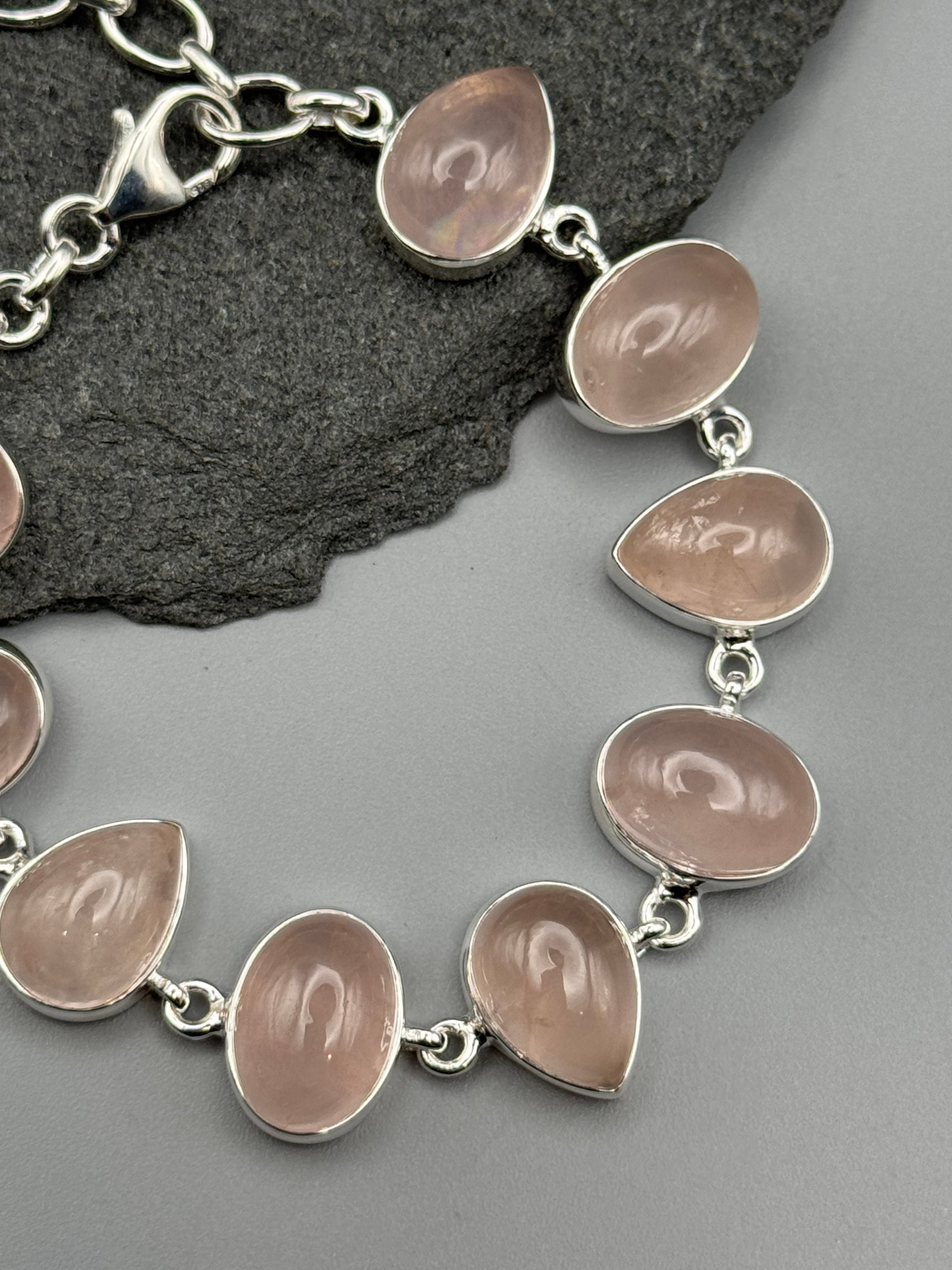 •ROSE QUARTZ - GEO MIX• linked silver bracelet (7" - 9")