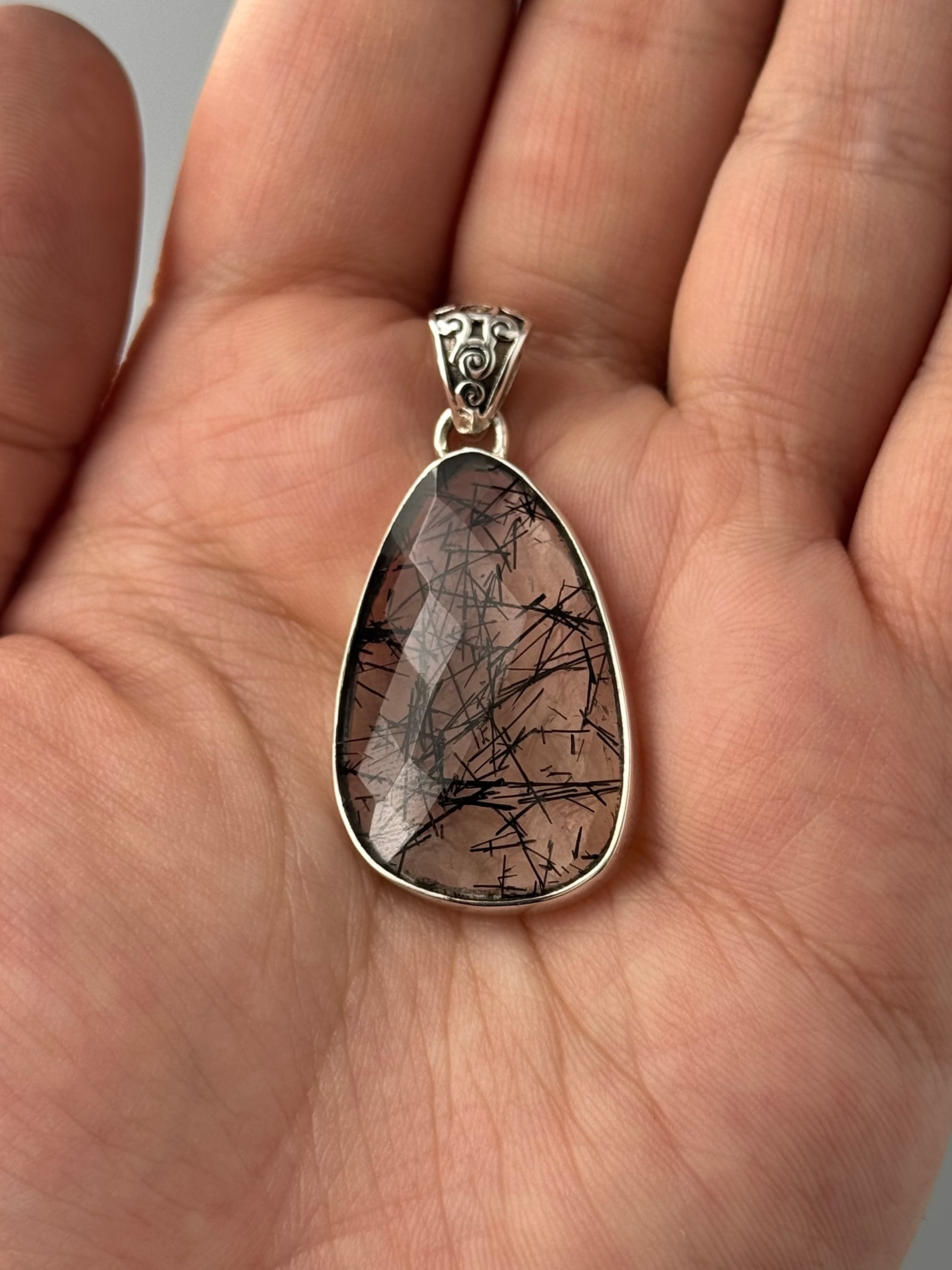 •TOURMALINATED QUARTZ - TEARDROP• sterling silver pendant