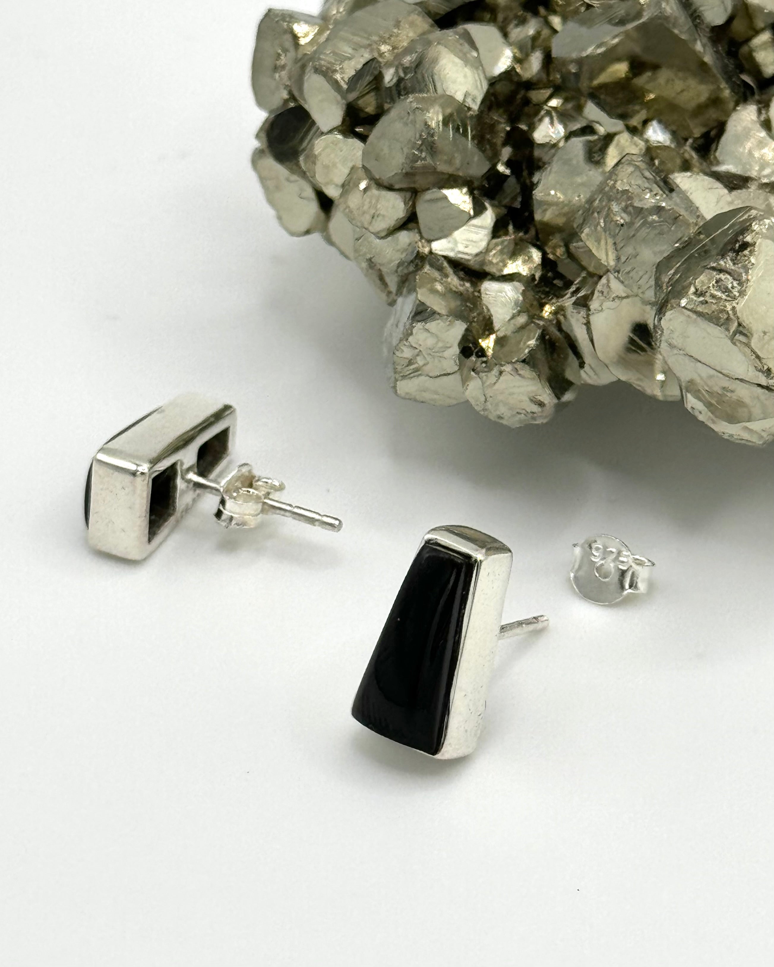 •BLACK TOURMALINE - PORTAL• silver bezel set stud earrings