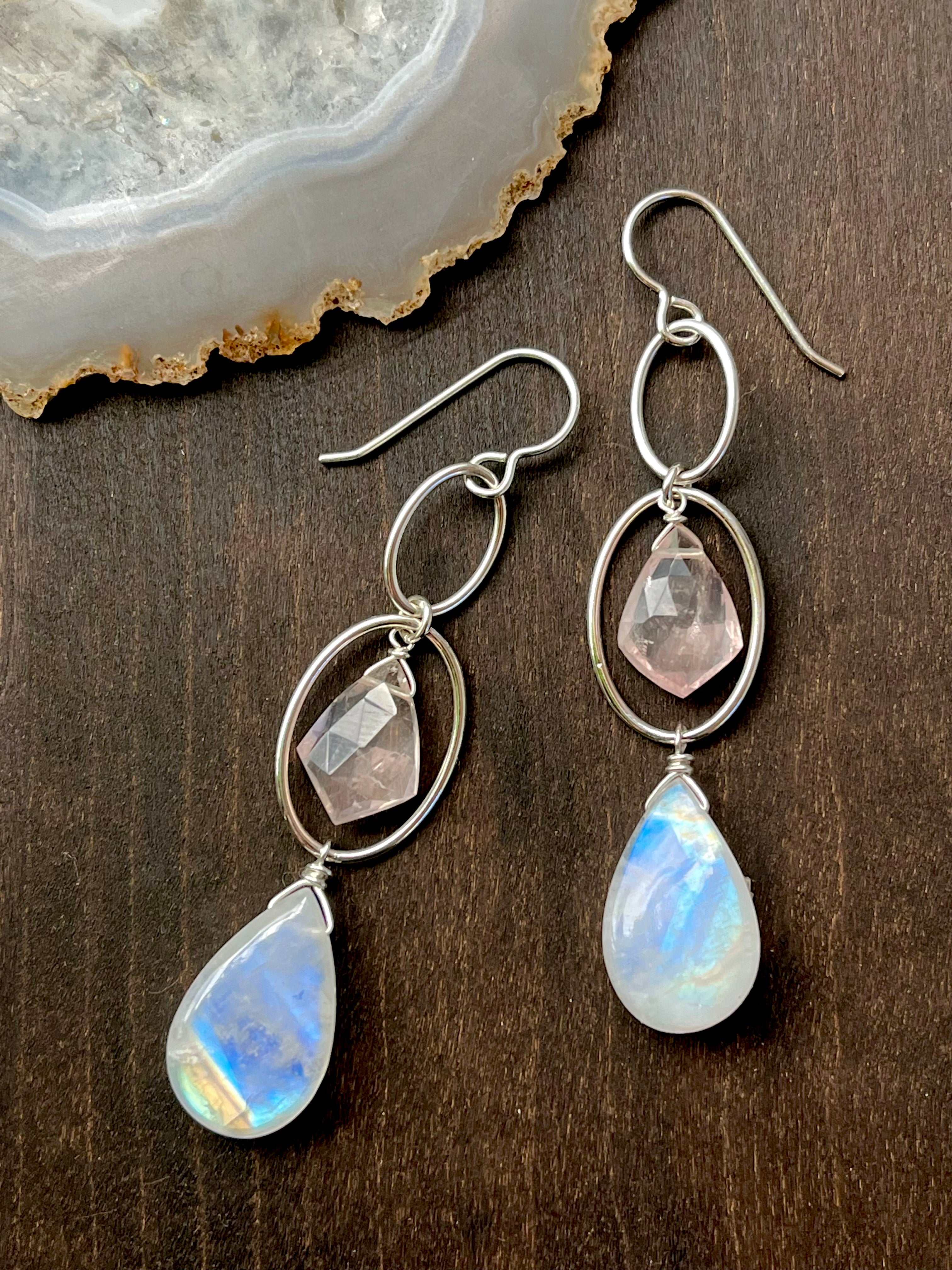 •DOUBLE LUNA• rainbow moonstone + rose quartz silver dangle earrings