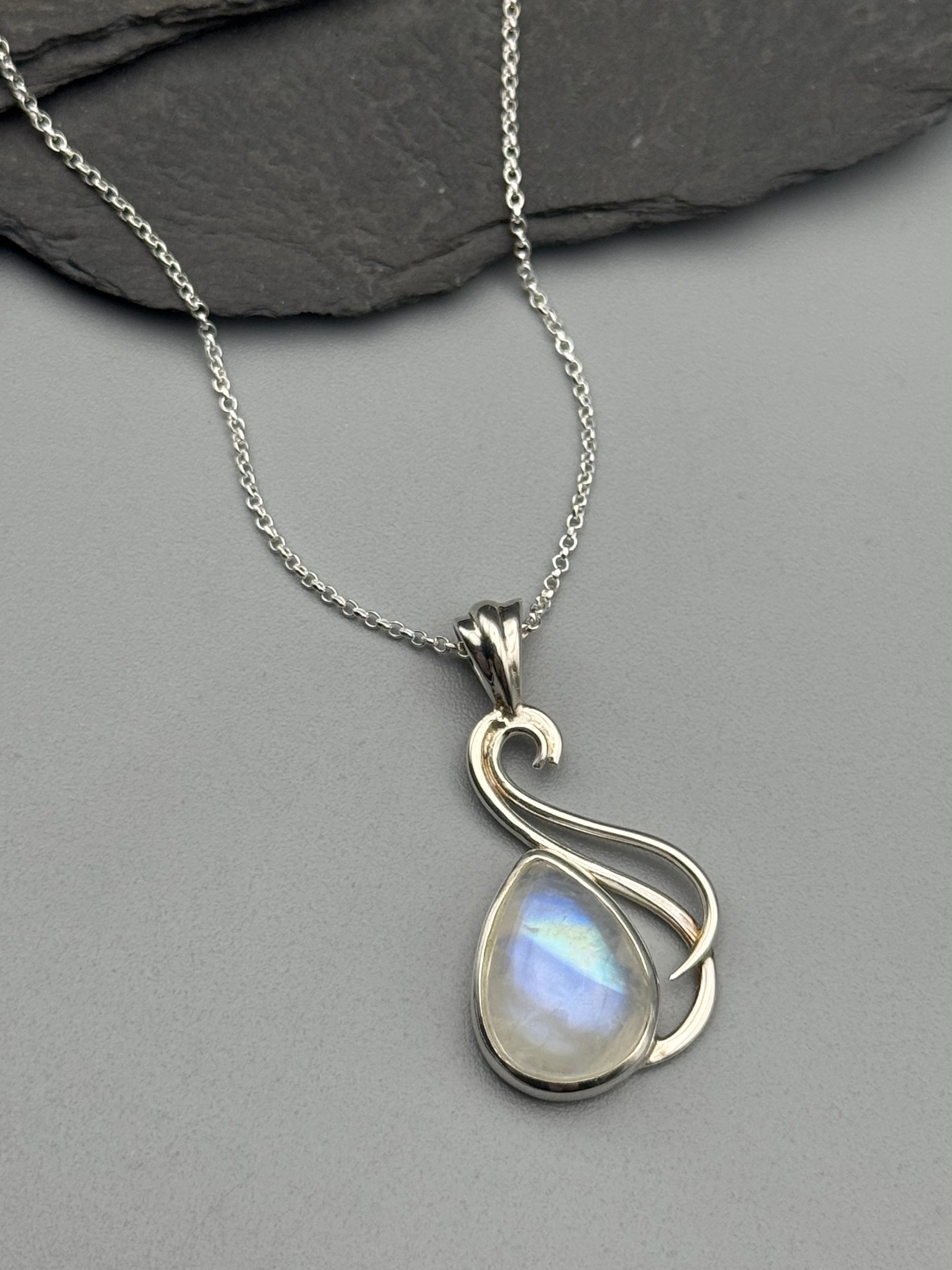 •RAINBOW MOONSTONE TEAR - SMALL FLOURISH• sterling silver necklace (18" long)