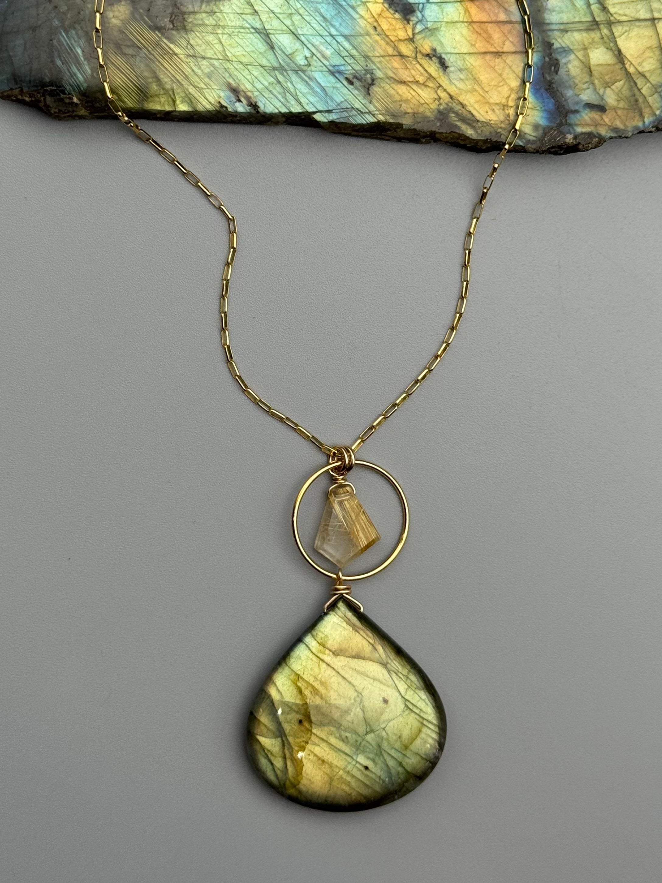•LUNA• rutilated quartz + labradorite gold necklace (18"-20" long)