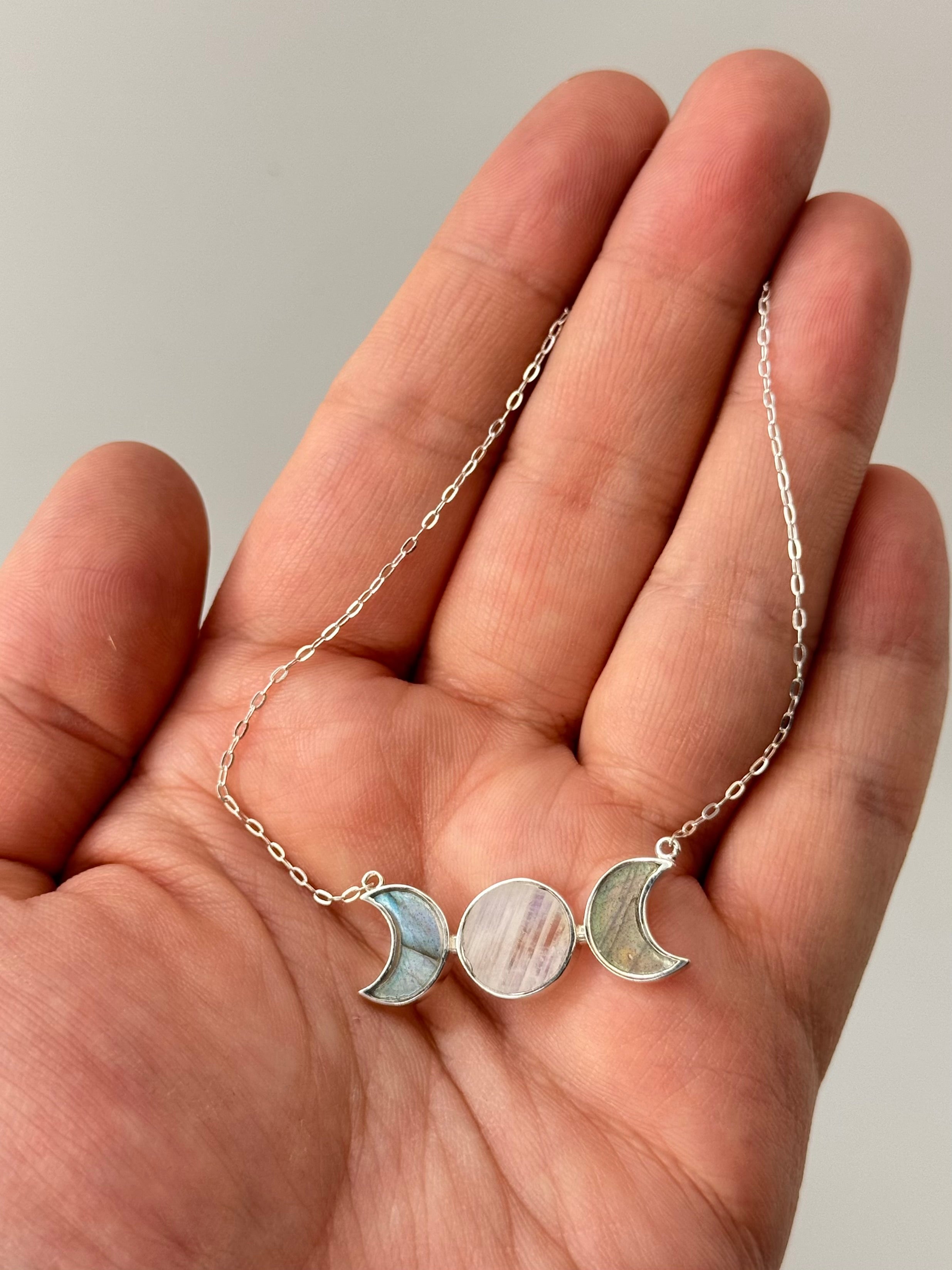 •MEDIUM MOON PHASE• rainbow moonstone + labradorite silver necklace (15"-17" long)