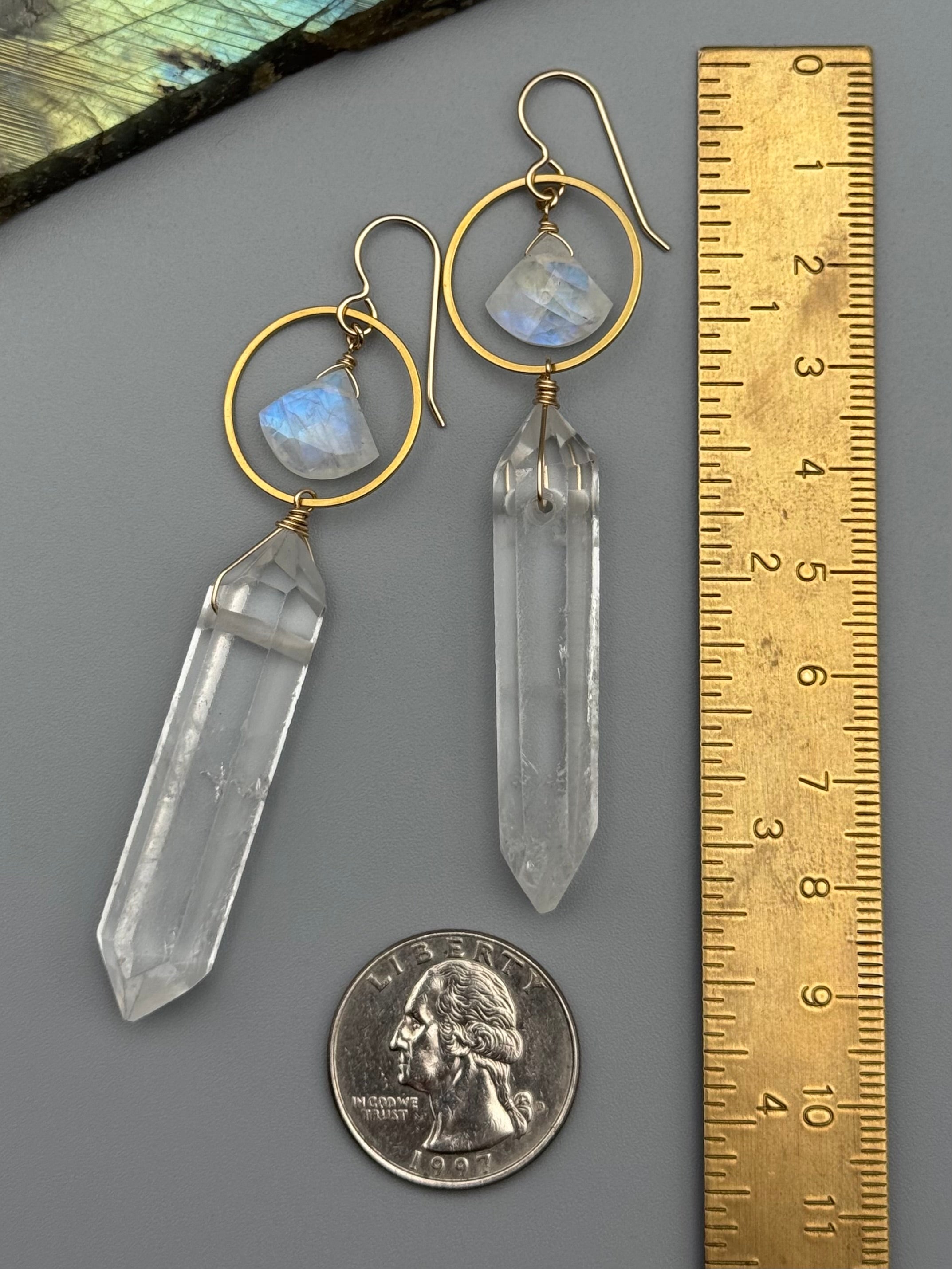 •LUNA• rainbow moonstone + quartz gold earrings