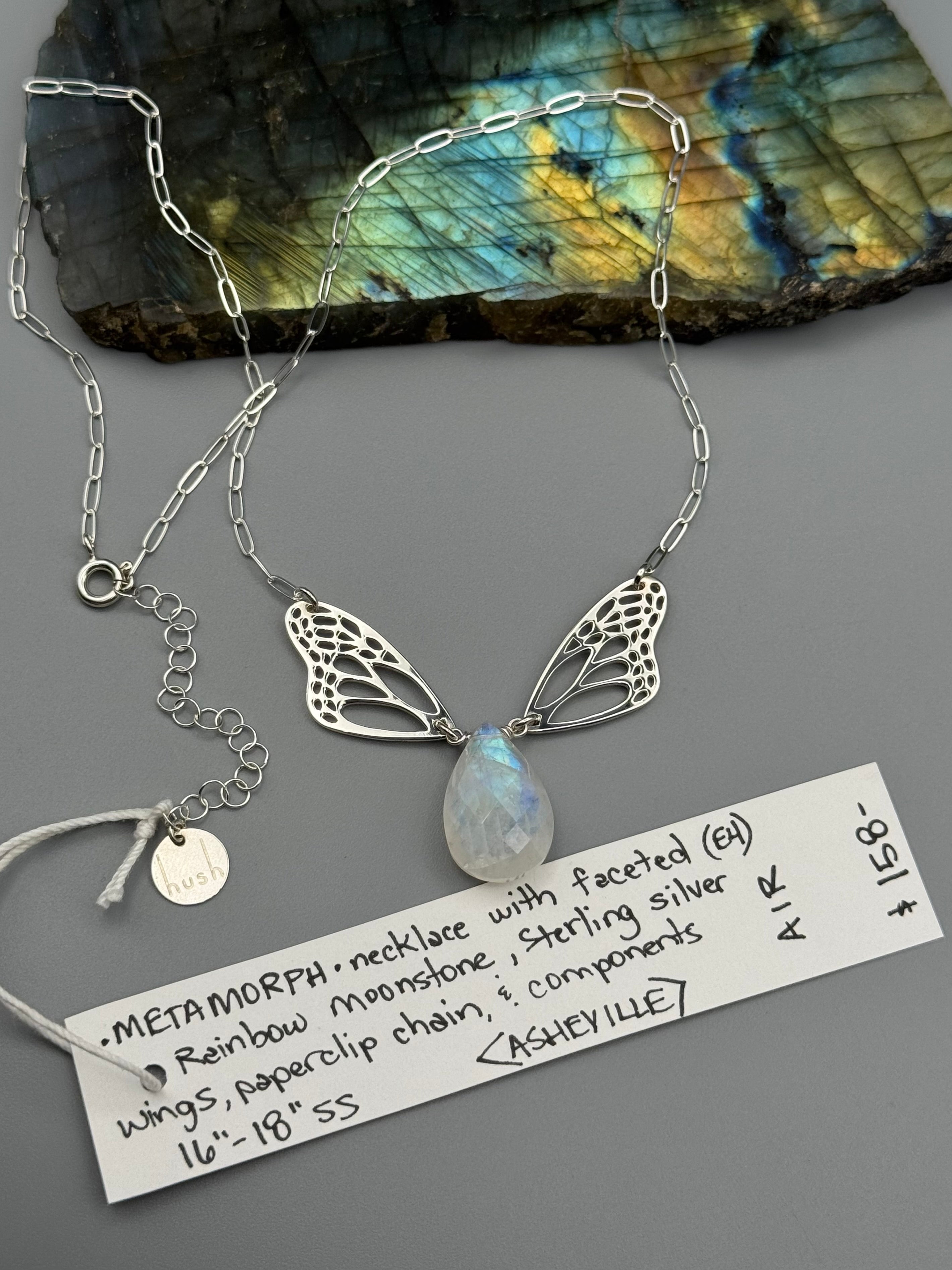 •METAMORPH• rainbow moonstone tear + silver necklace (16"-18" long)