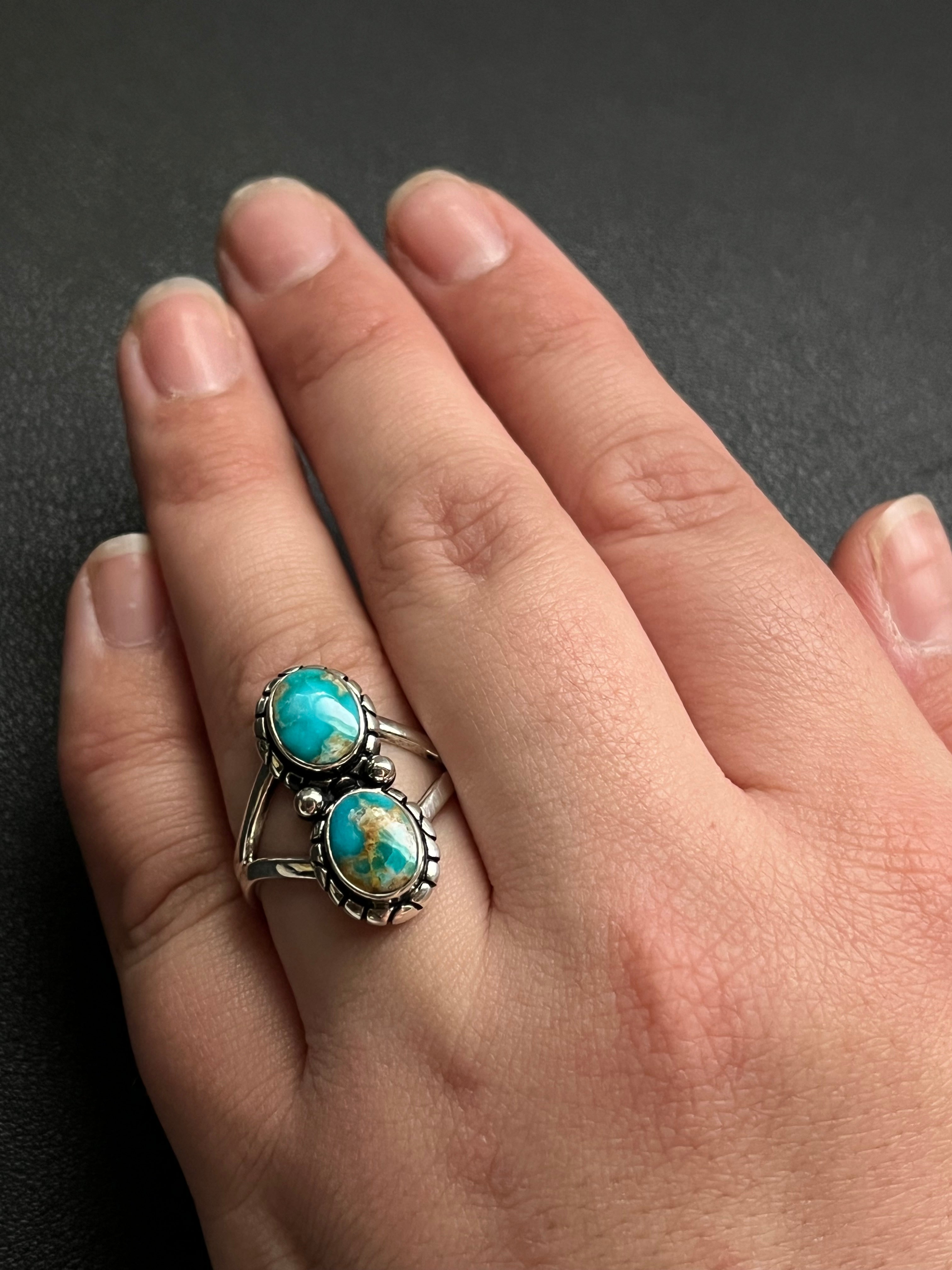 •SONORAN GOLD TURQUOISE• Navajo silver double stone ring - size 9