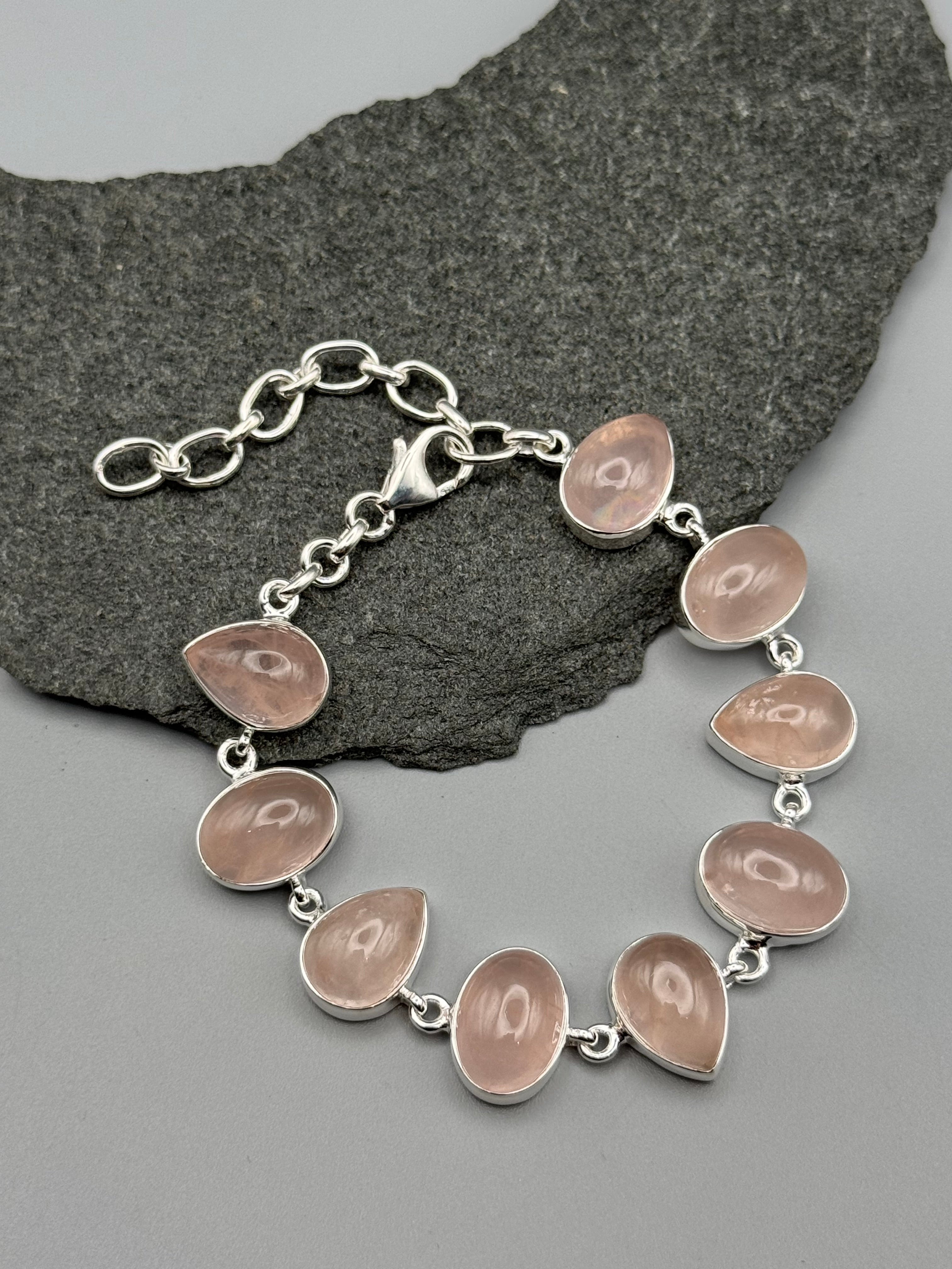 •ROSE QUARTZ - GEO MIX• linked silver bracelet (7" - 9")