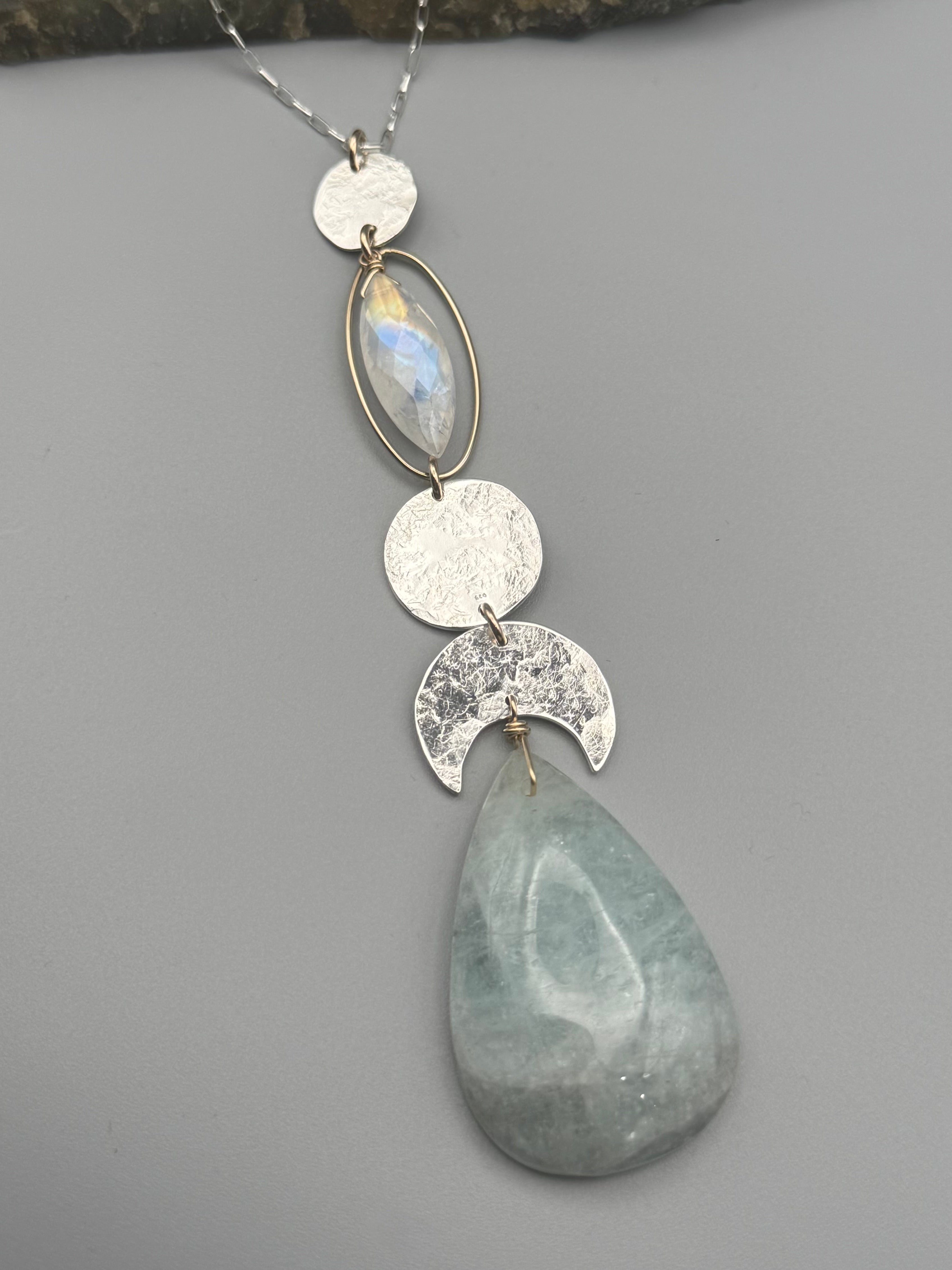 •NYX• rainbow moonstone + aquamarine mixed metal necklace (26"-28" long)