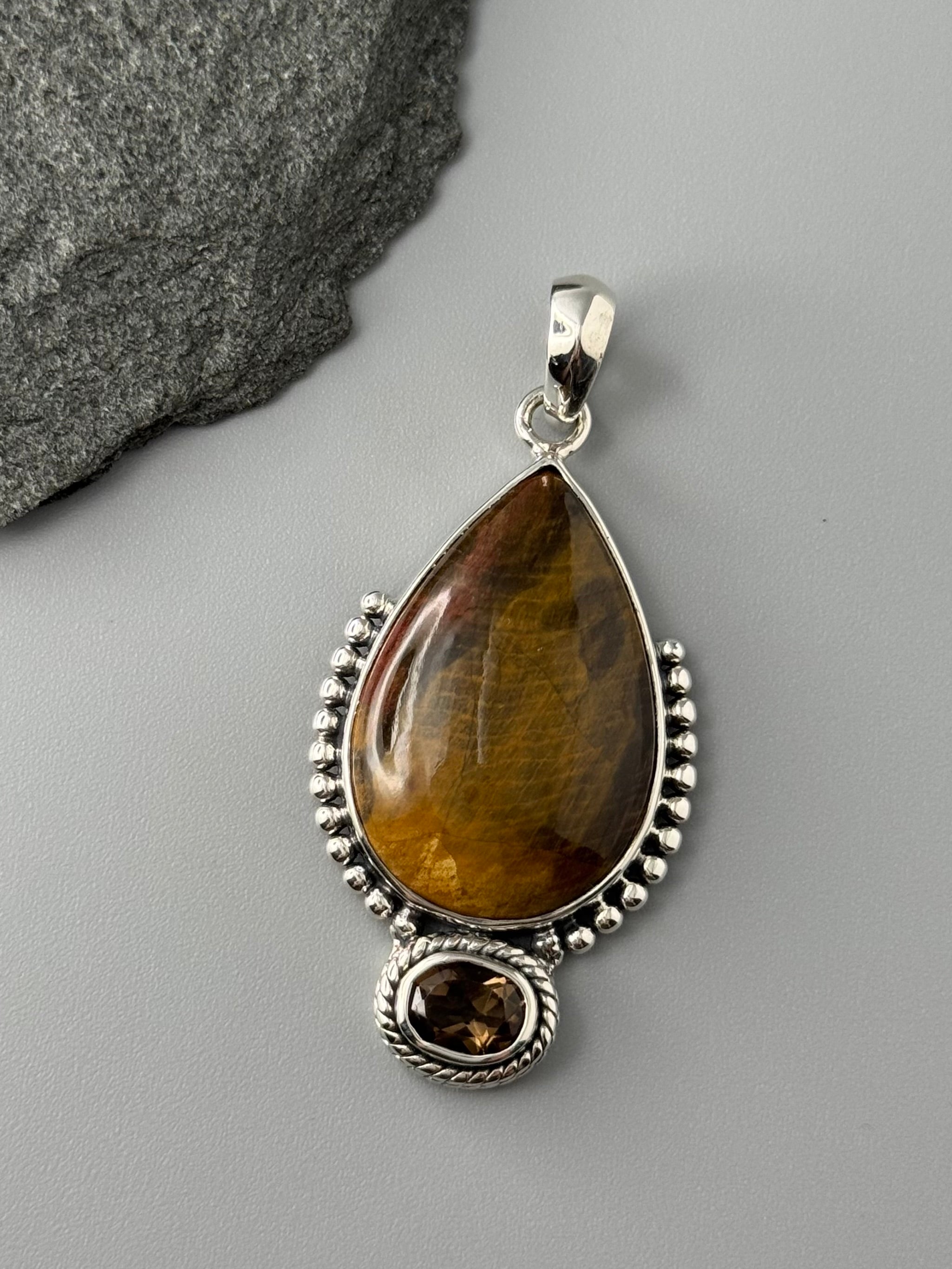 •PETRIFIED WOOD + SMOKY QUARTZ - 2• sterling silver pendant