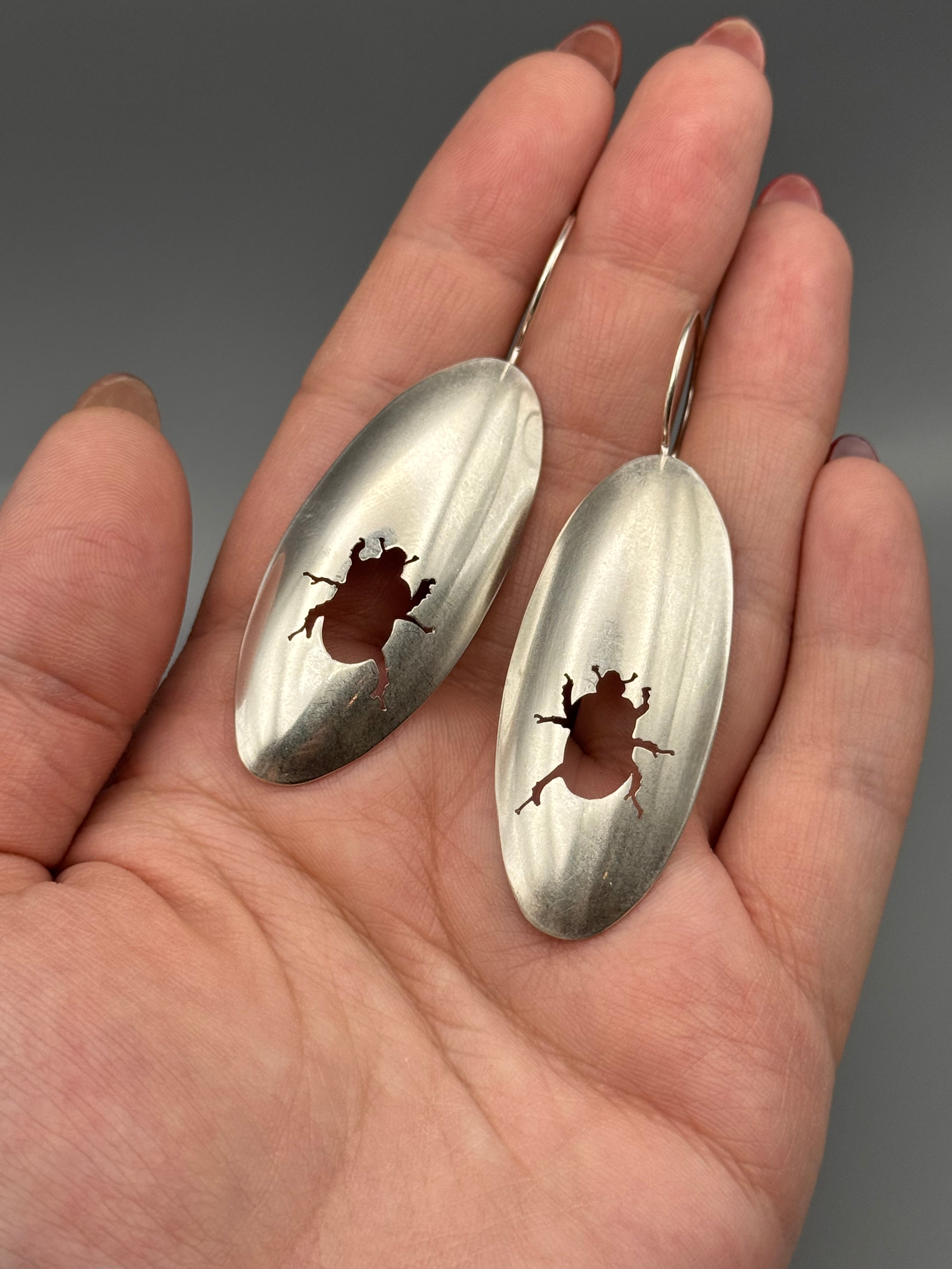 •SCARAB - OVAL• beetle silhouette + silver dangle earrings
