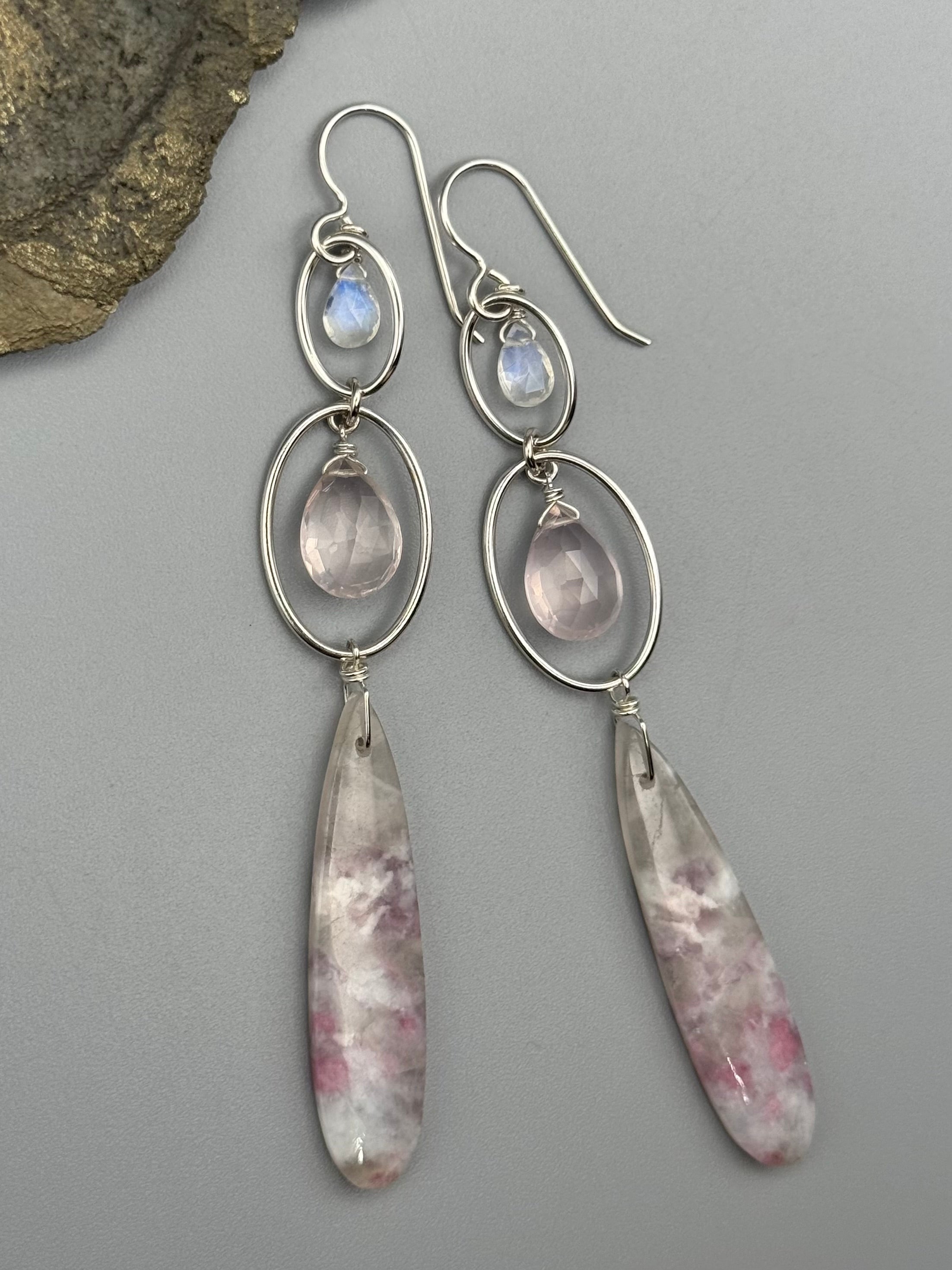 •4 OF CUPS• moonstone, rose quartz, + lepidolite silver earrings