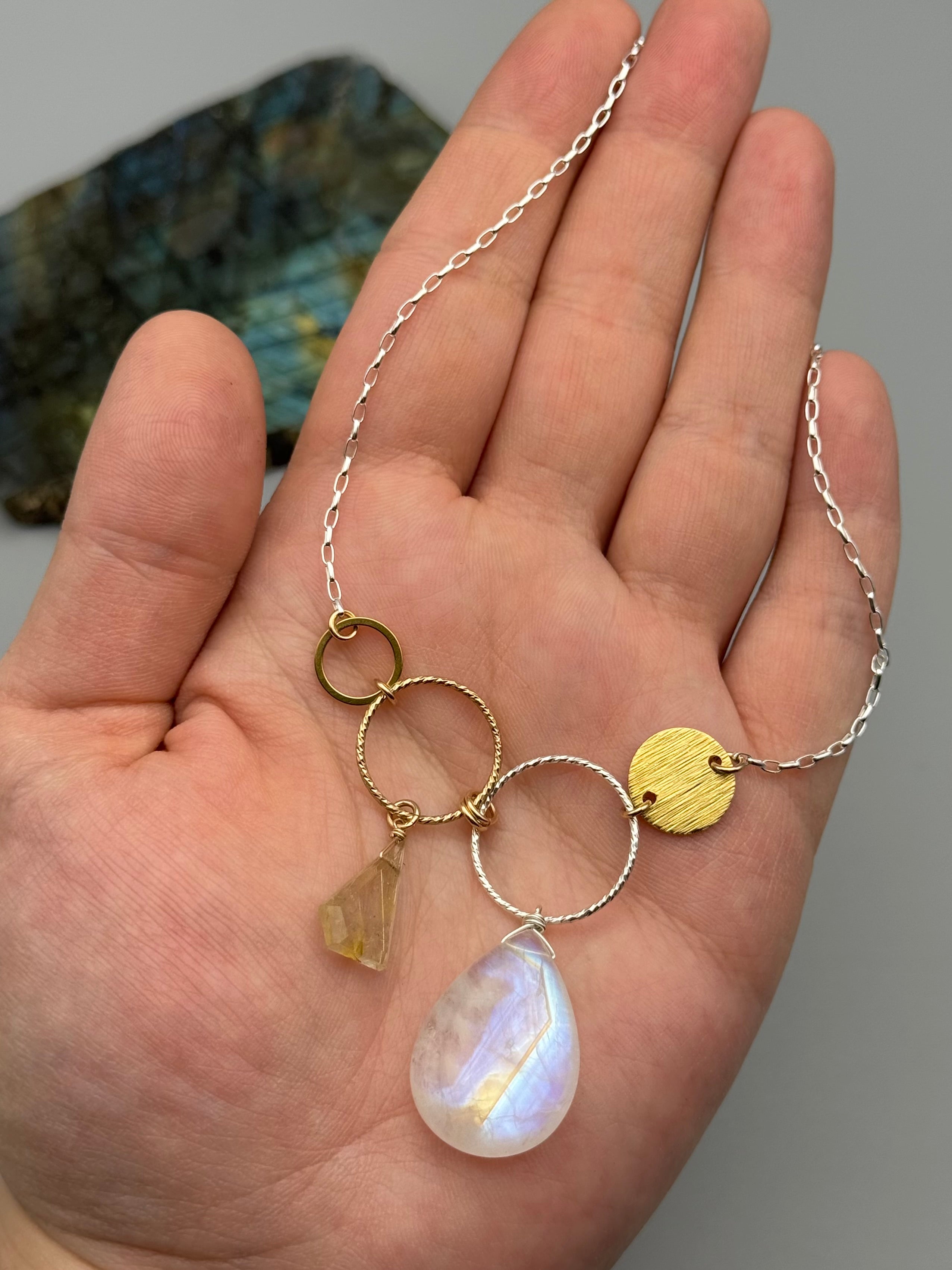 •UNION• rutilated quartz + rainbow moonstone mixed metal necklace (16"-18" long)