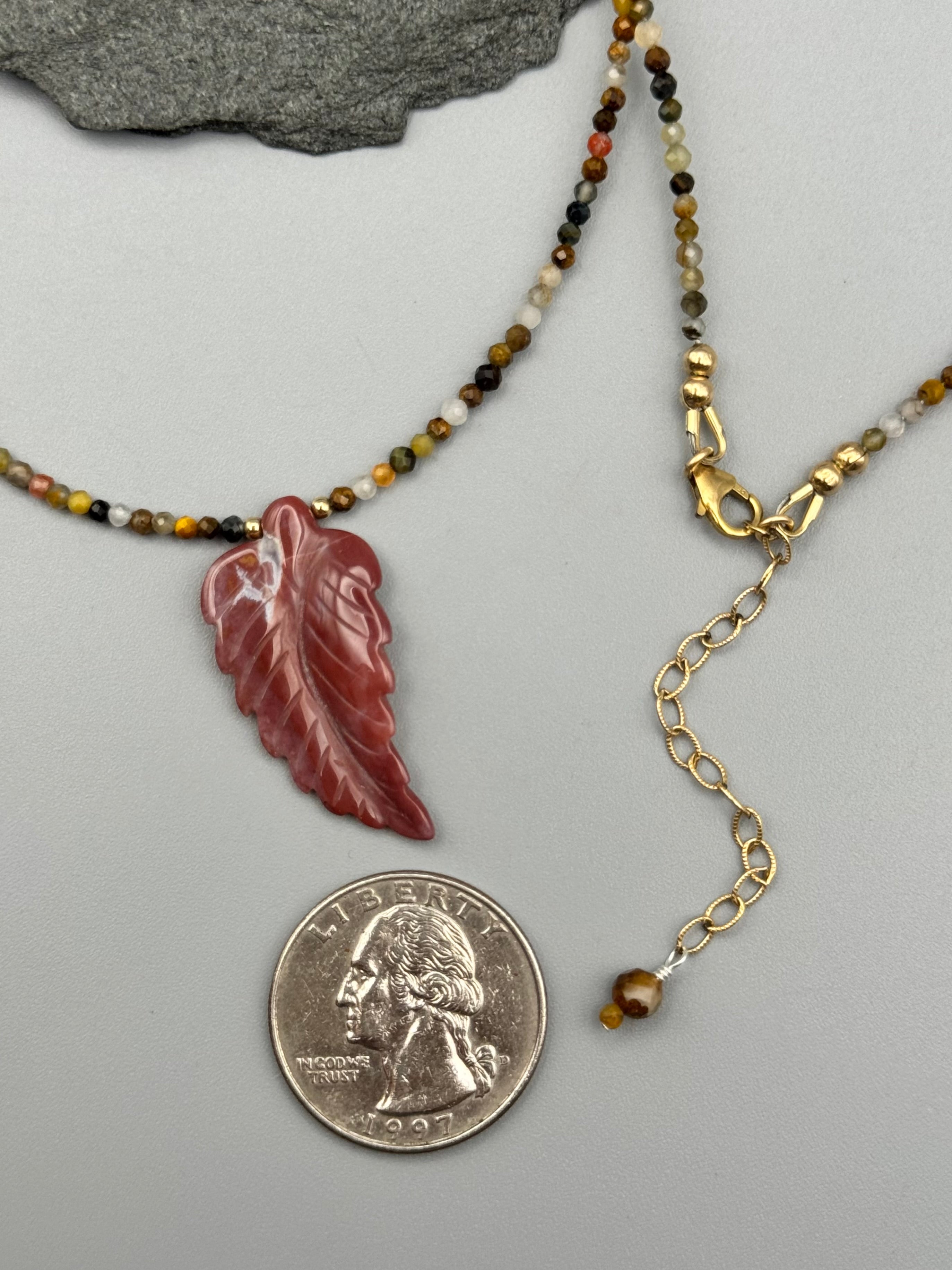 •PIETERSITE + INDIAN AGATE LEAF• gold beaded necklace (17" - 19" long)
