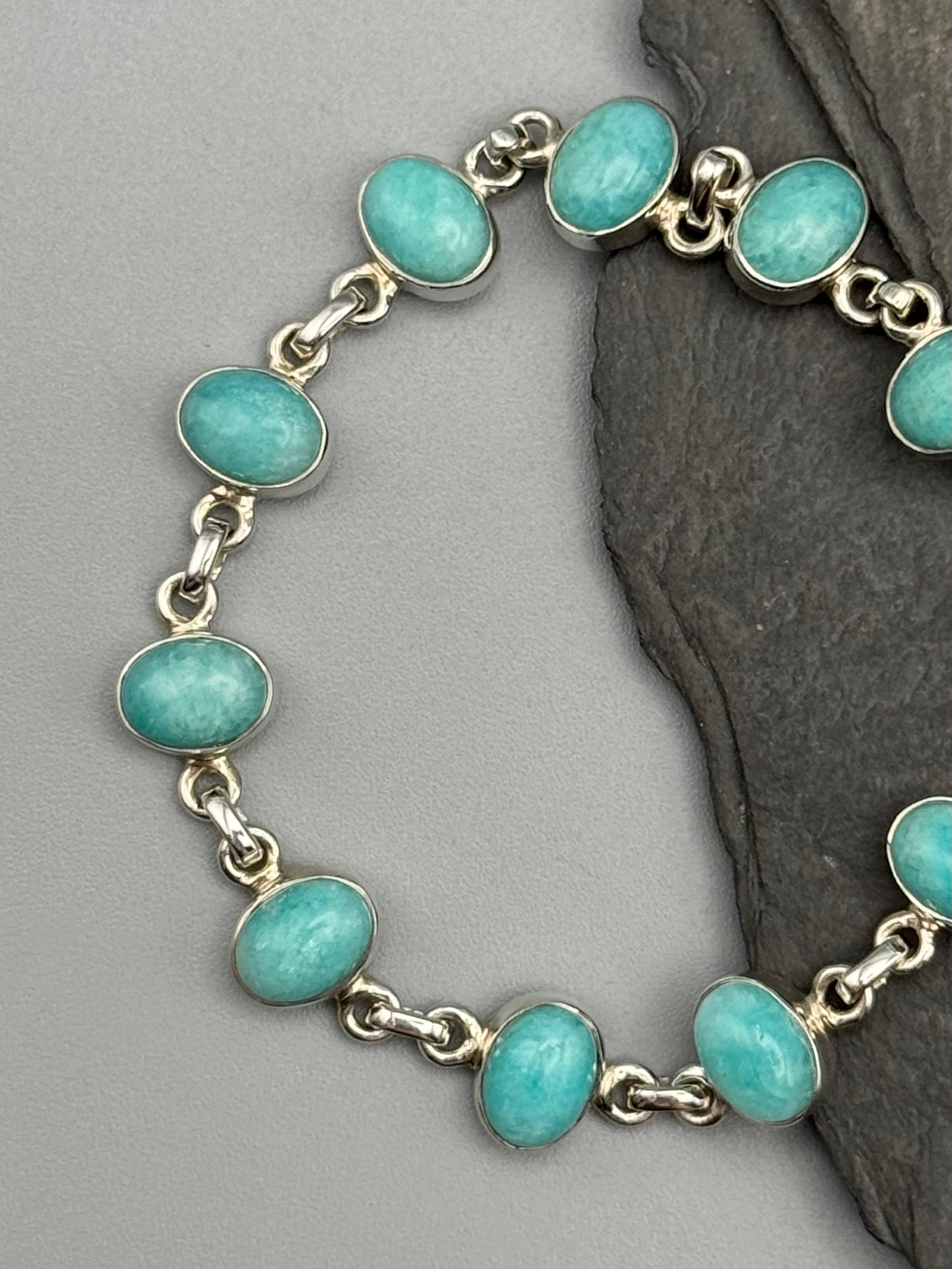•AMAZONITE - OVAL• linked silver bracelet (6.5" - 7.75")
