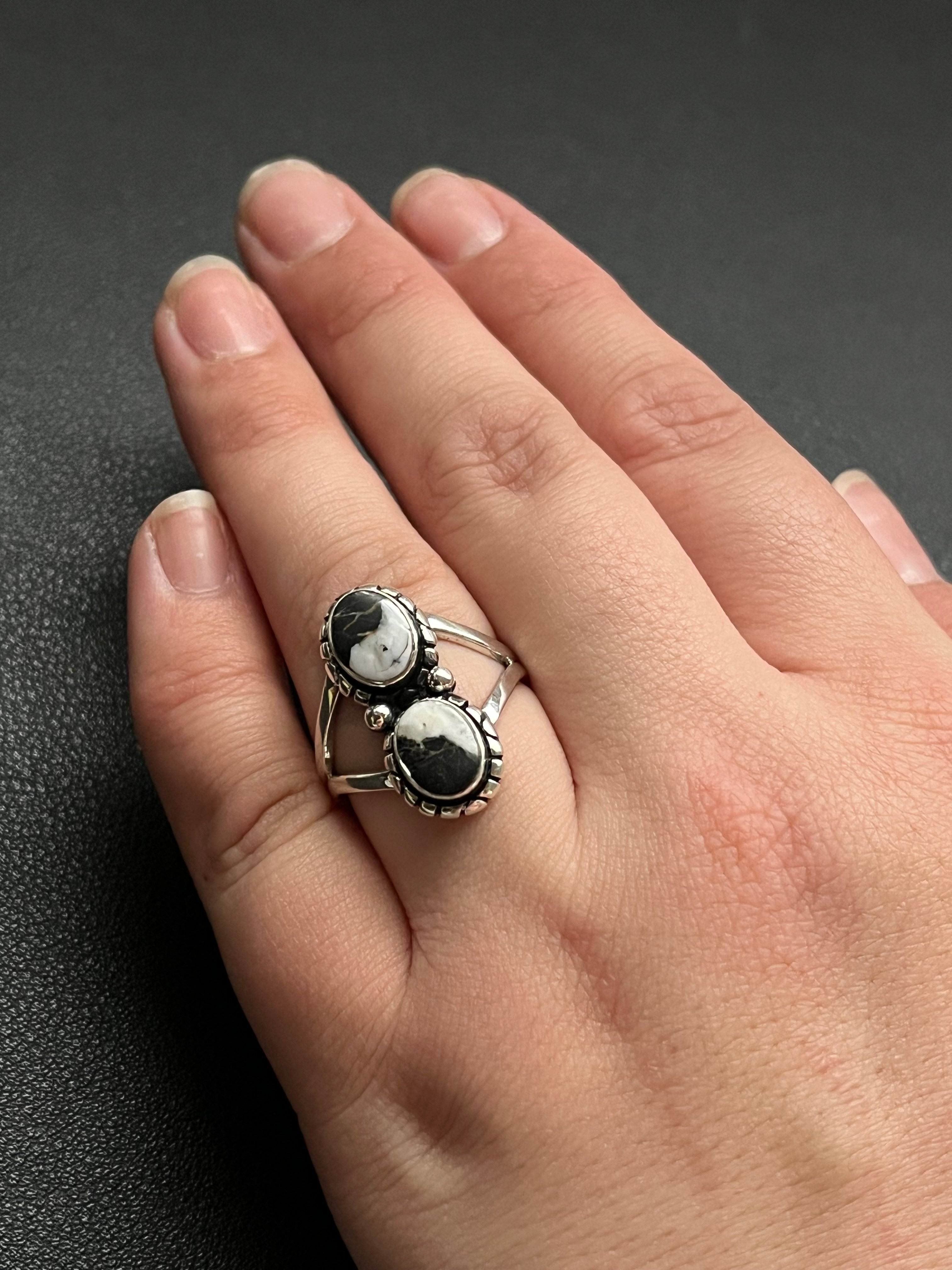 •WHITE BUFFALO TURQUOISE• Navajo silver double stone ring - size 8.75