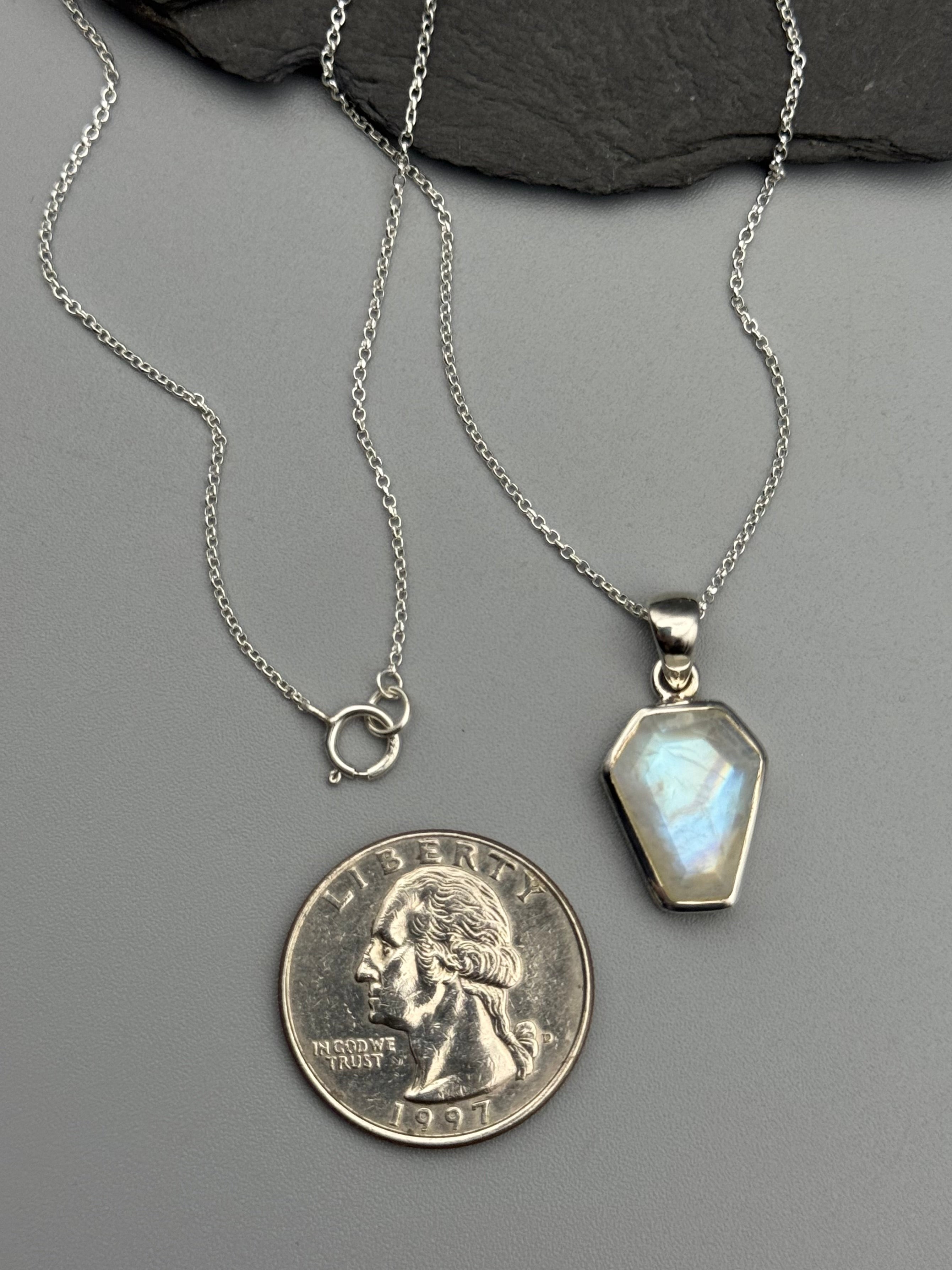 •RAINBOW MOONSTONE - COFFIN• textured bezel silver necklace (18" long)