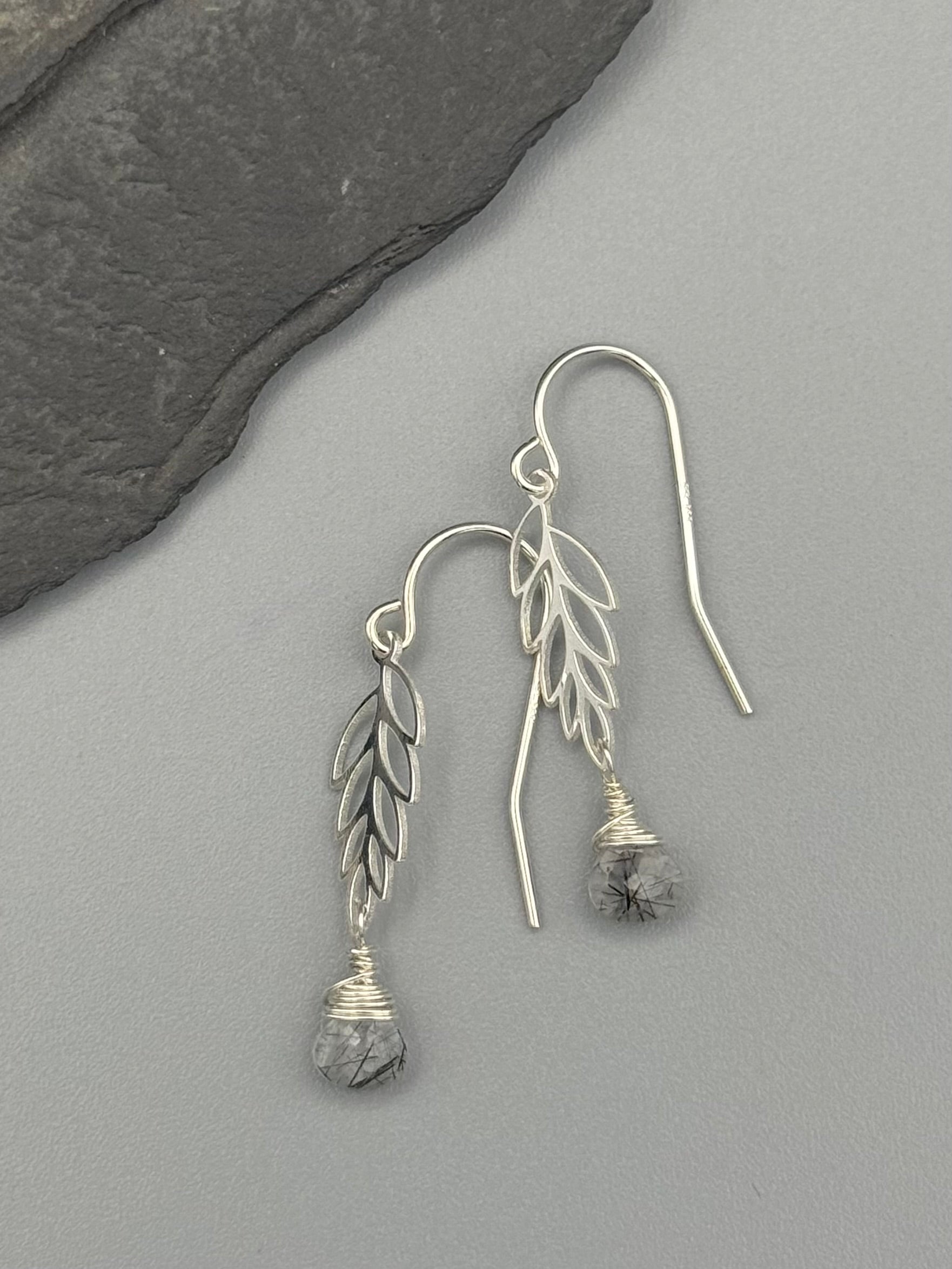 •LEAFY• tourmalinated quartz + silver earrings