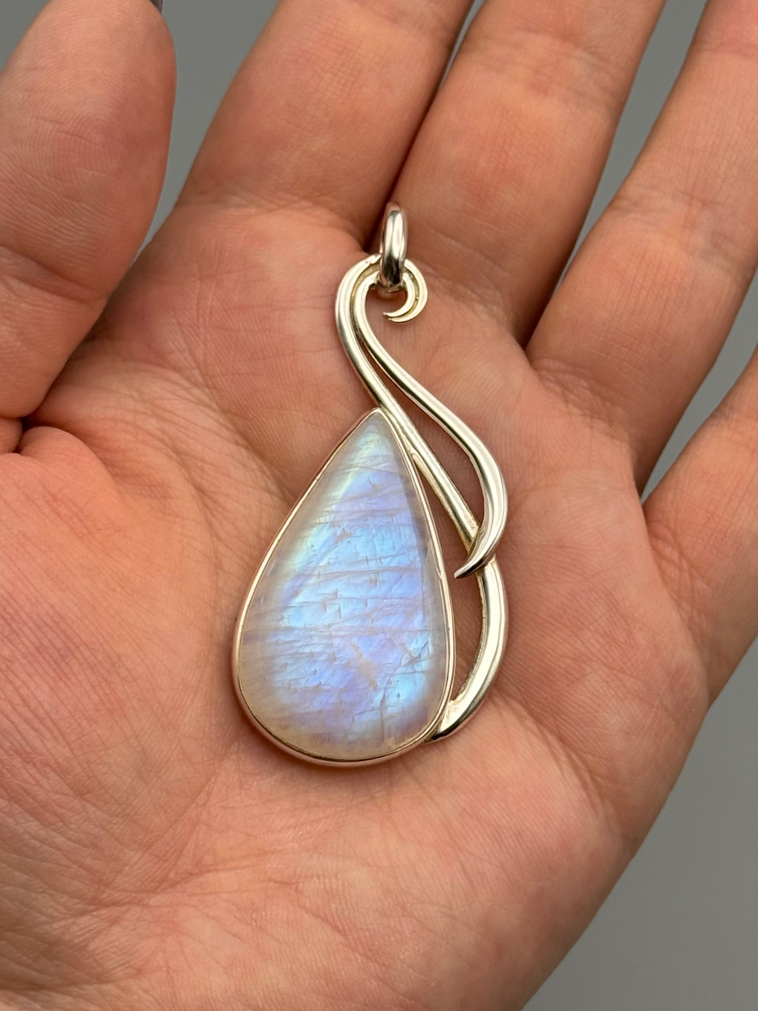 •RAINBOW MOONSTONE TEAR - LARGE FLOURISH• sterling silver pendant