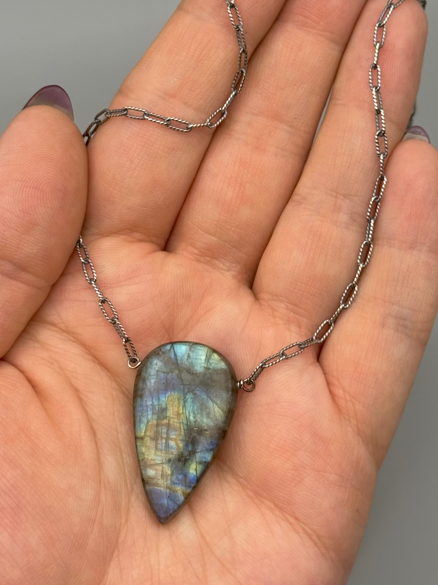 •AEON• labradorite spear tear + silver necklace (16"-18" long)