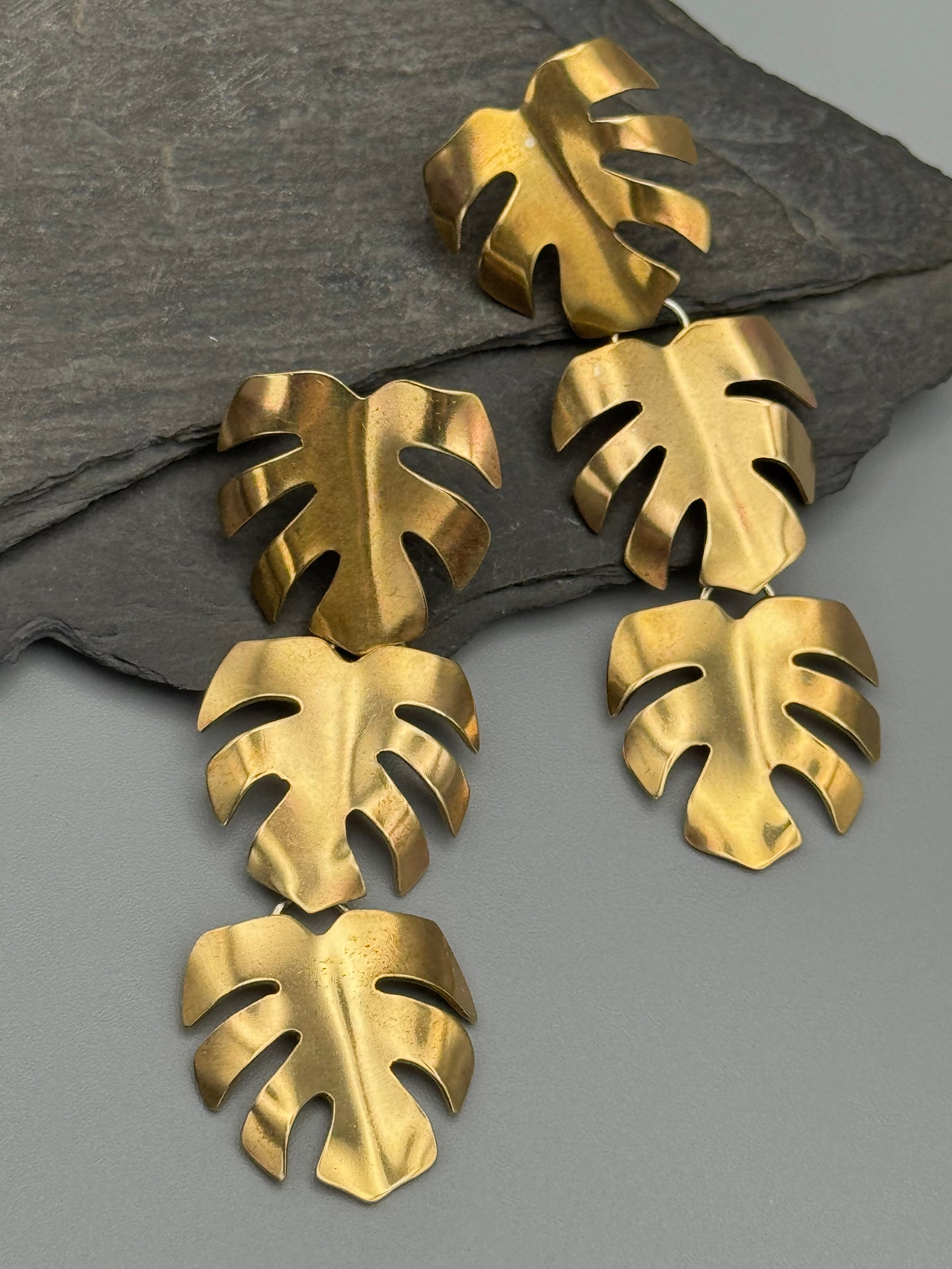 •MONSTERA TRIO• brass + silver post dangle earrings