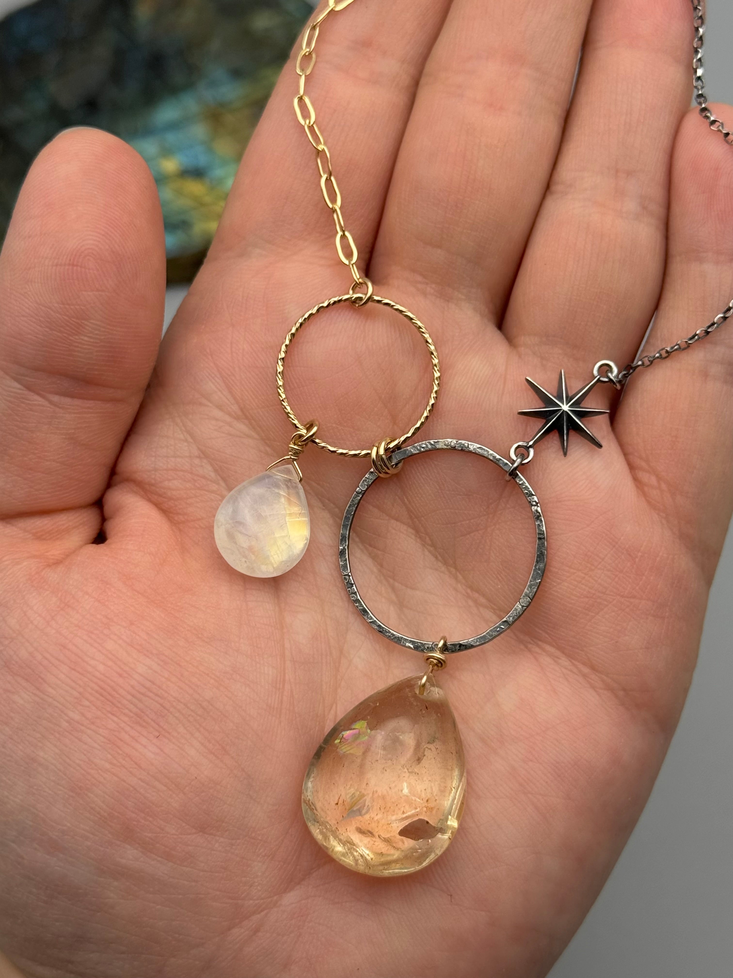 •UNION• rainbow moonstone + citrine mixed metal necklace (18"-20" long)