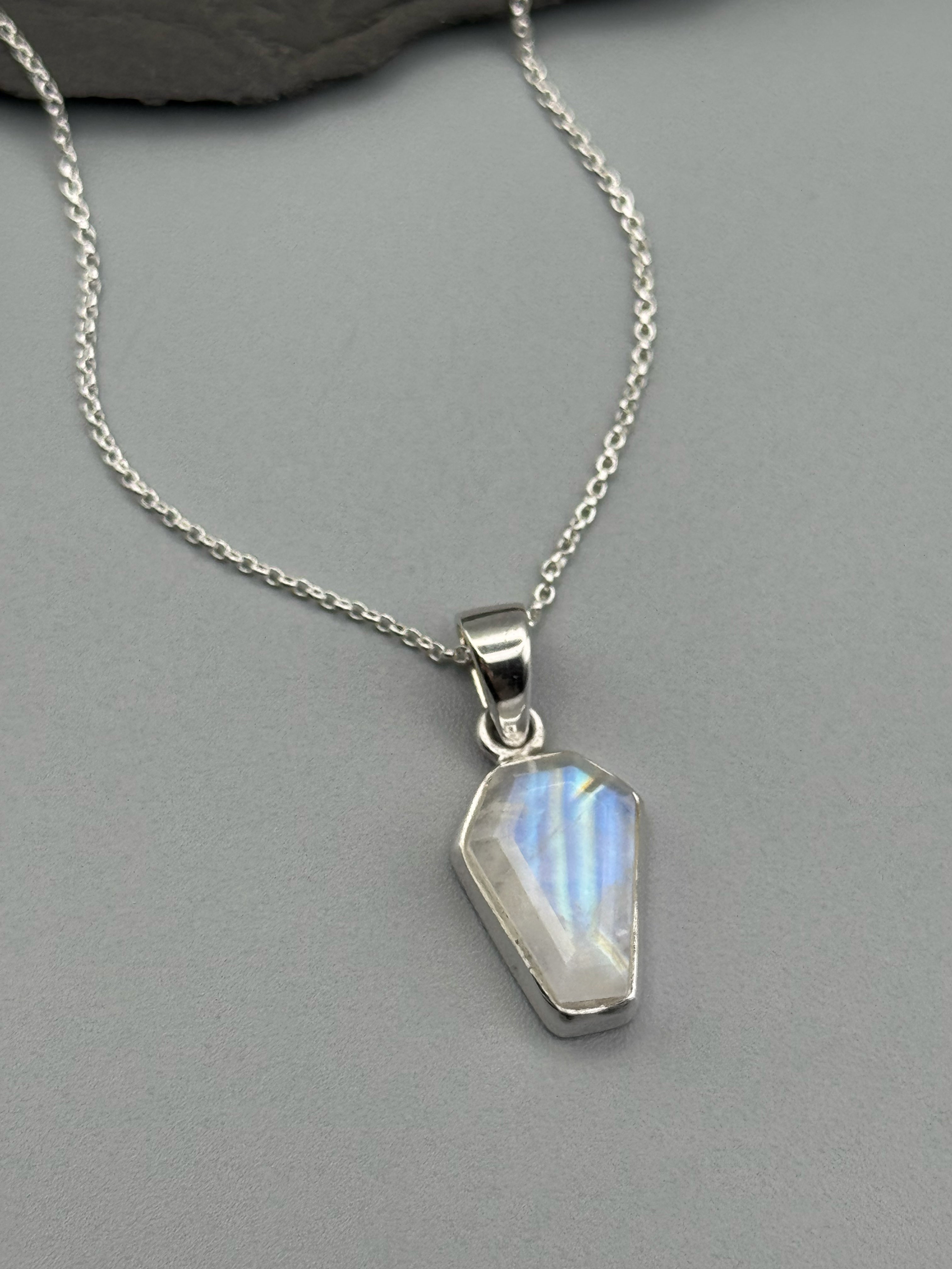 •RAINBOW MOONSTONE - COFFIN• simple bezel silver necklace (18" long)