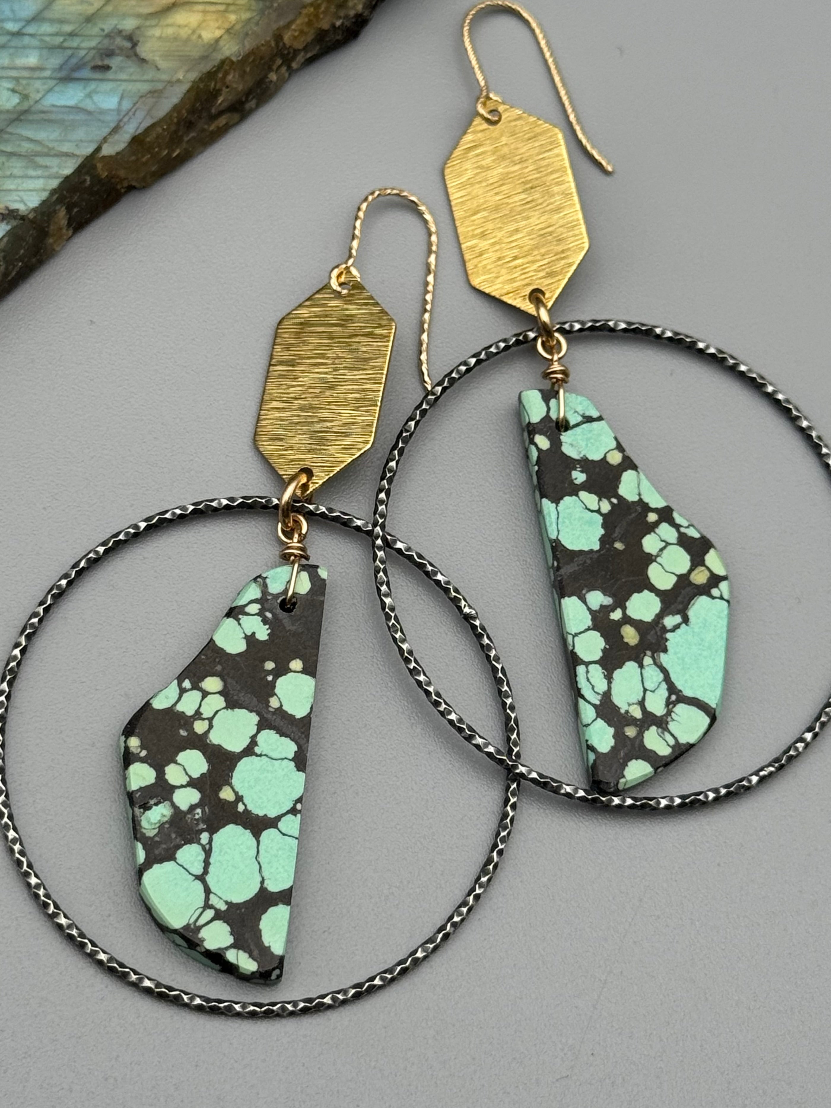 •HEX HOOPS• turquoise slab + mixed metal earrings