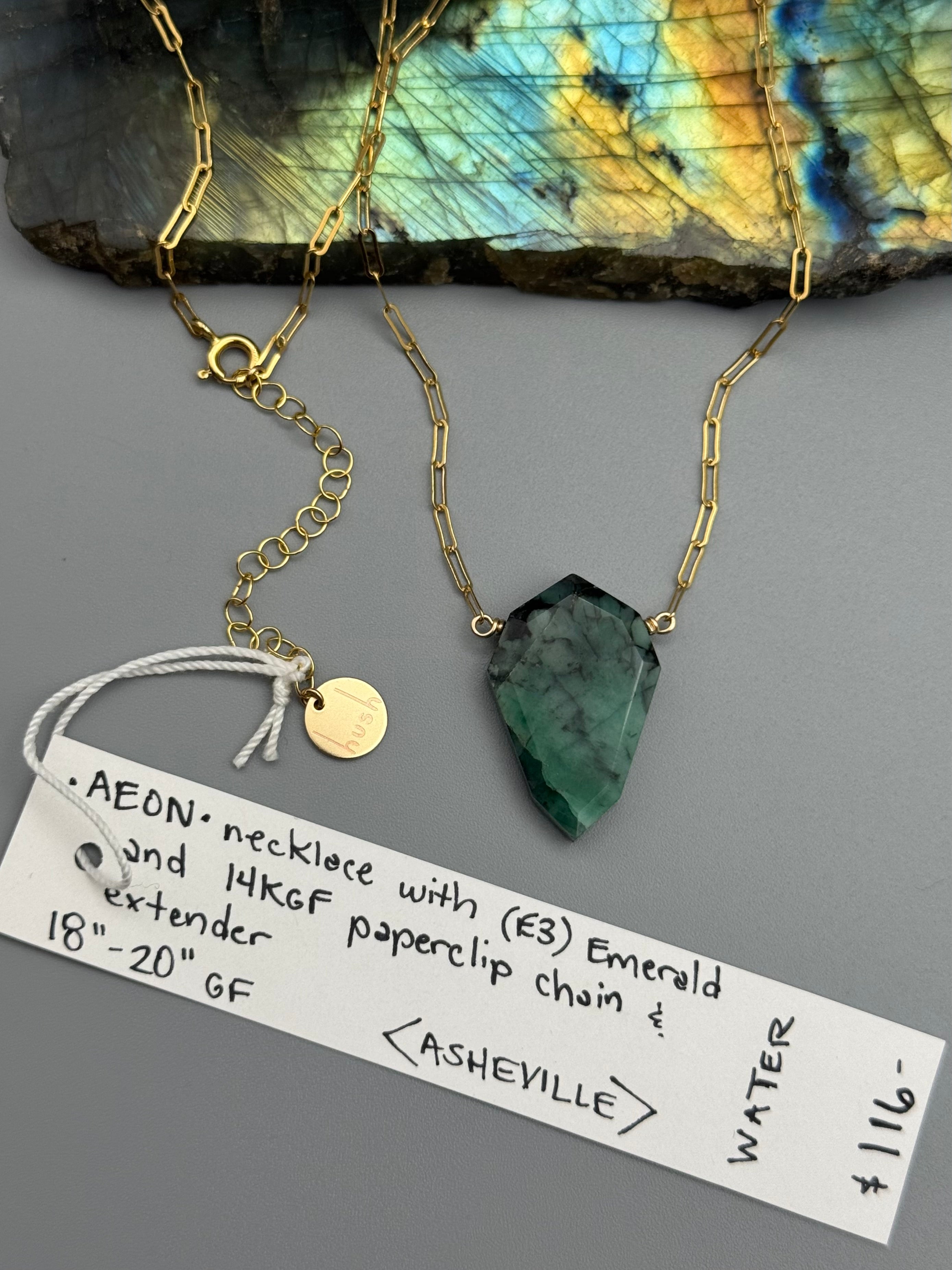 •AEON• emerald petal + gold necklace (18"-20" long)