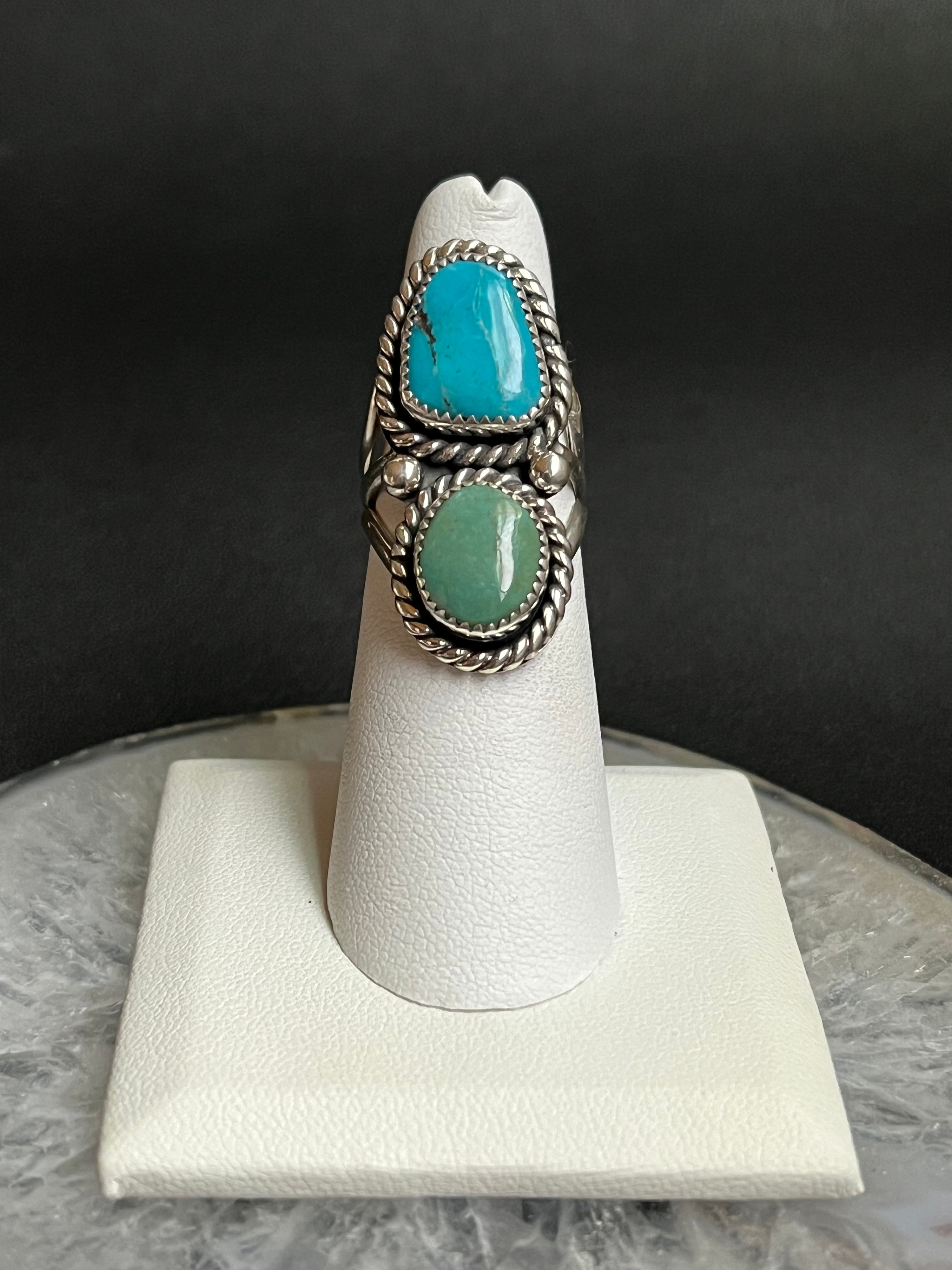 •KINGMAN TURQUOISE• Navajo silver double stone ring - size 6