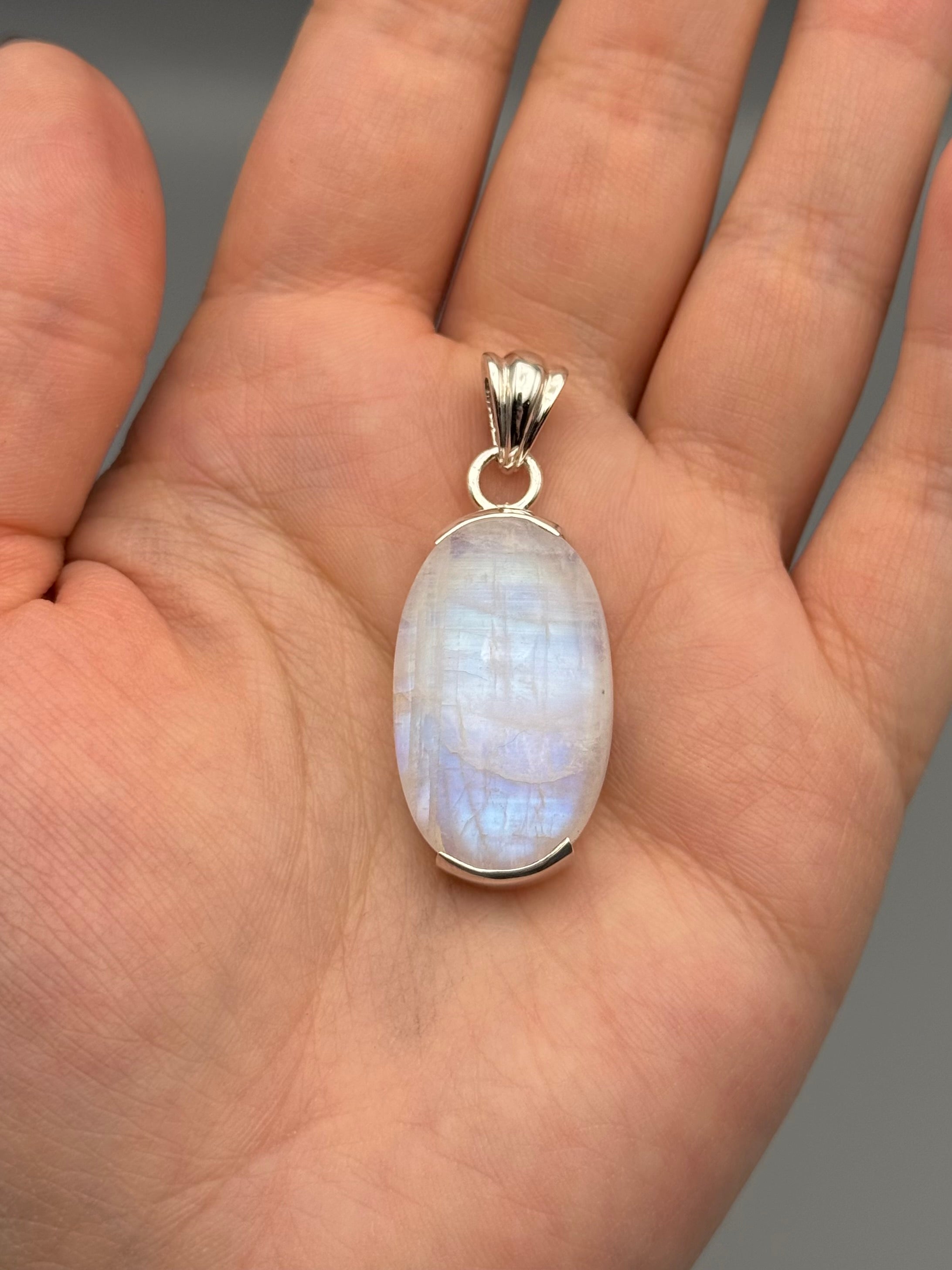 •RAINBOW MOONSTONE - OVAL• bezel capped silver pendant