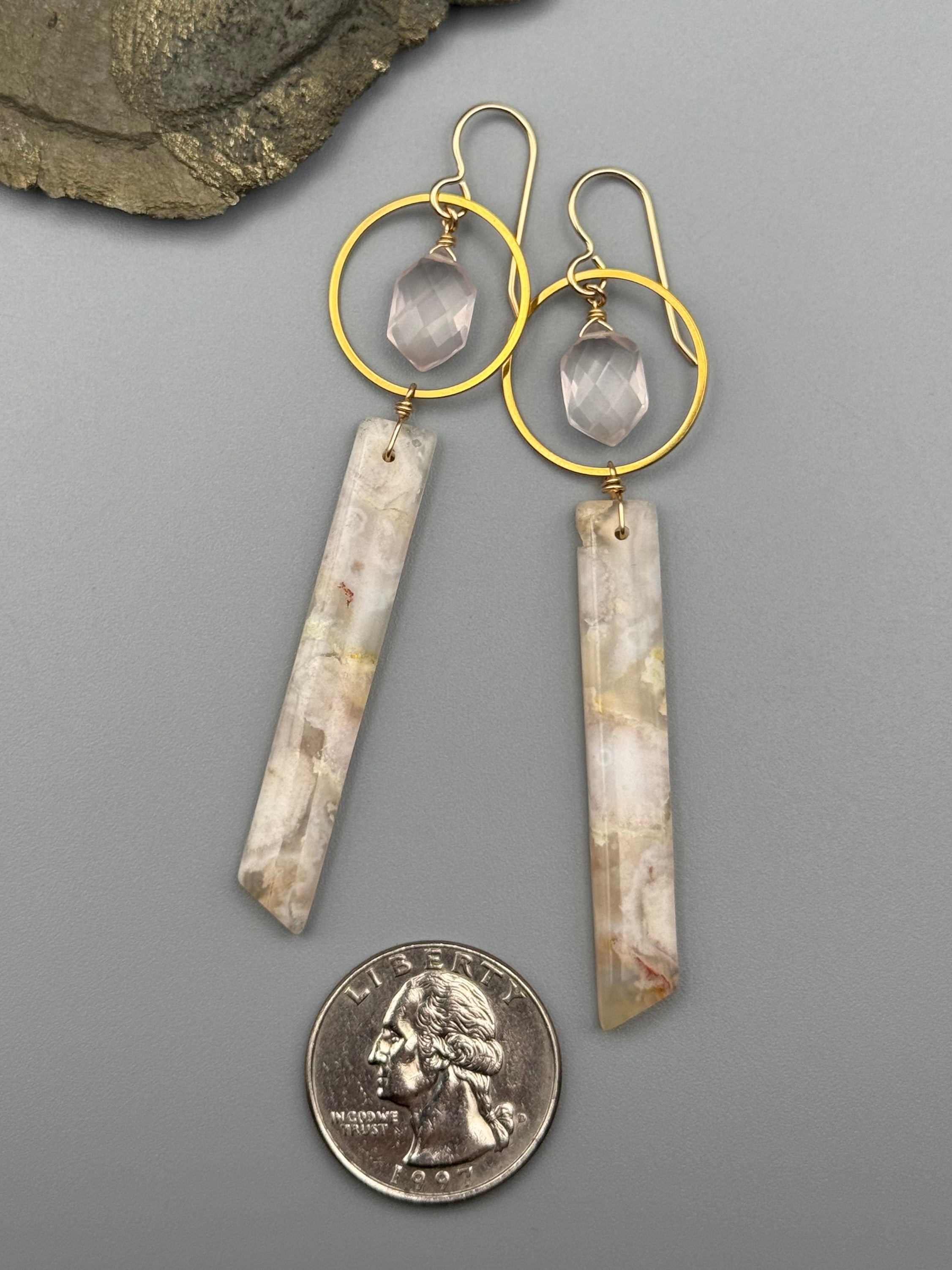 •LUNA• rose quartz + cherry blossom agate gold earrings