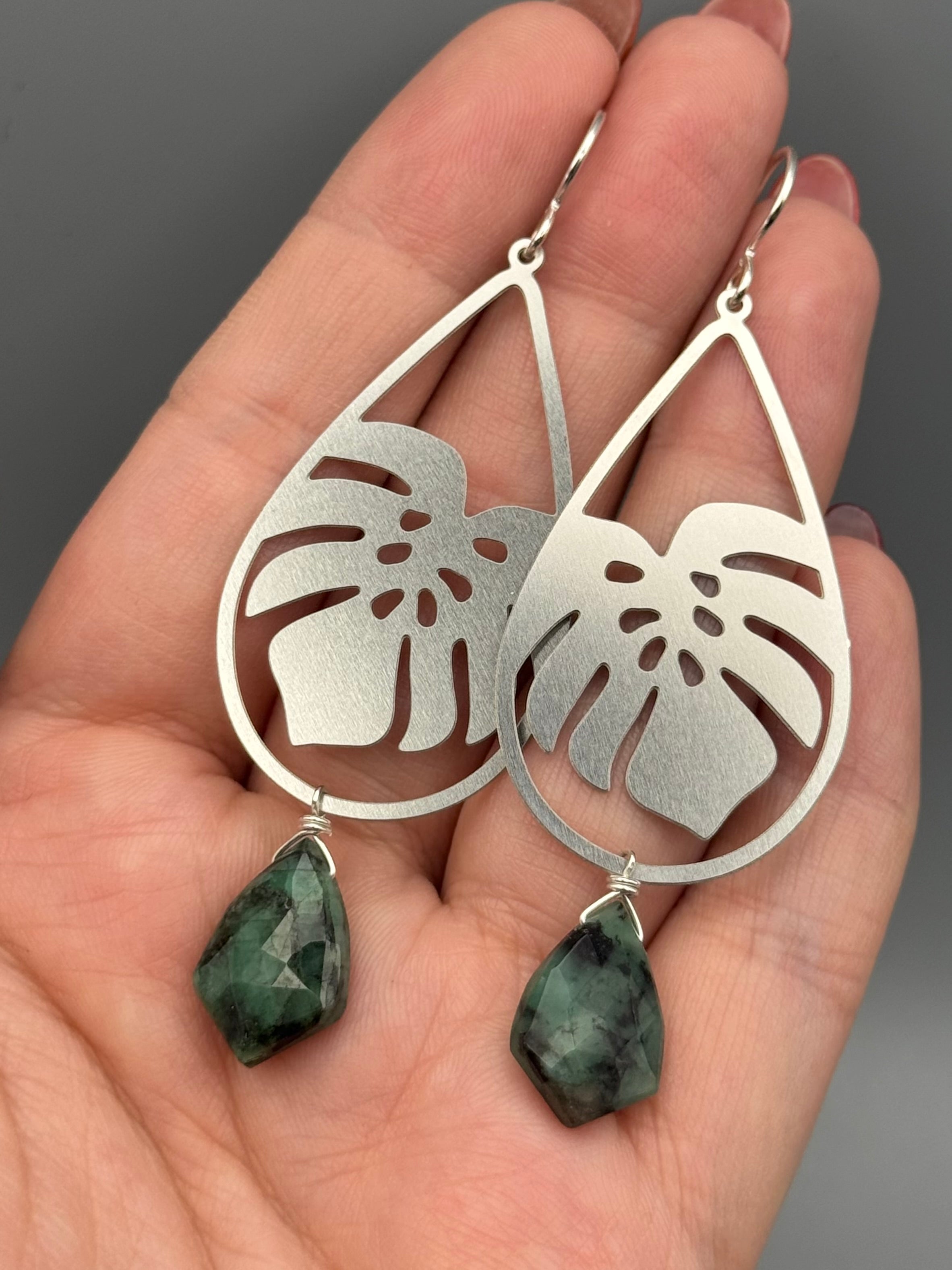 •MONSTERA• emerald + silver earrings