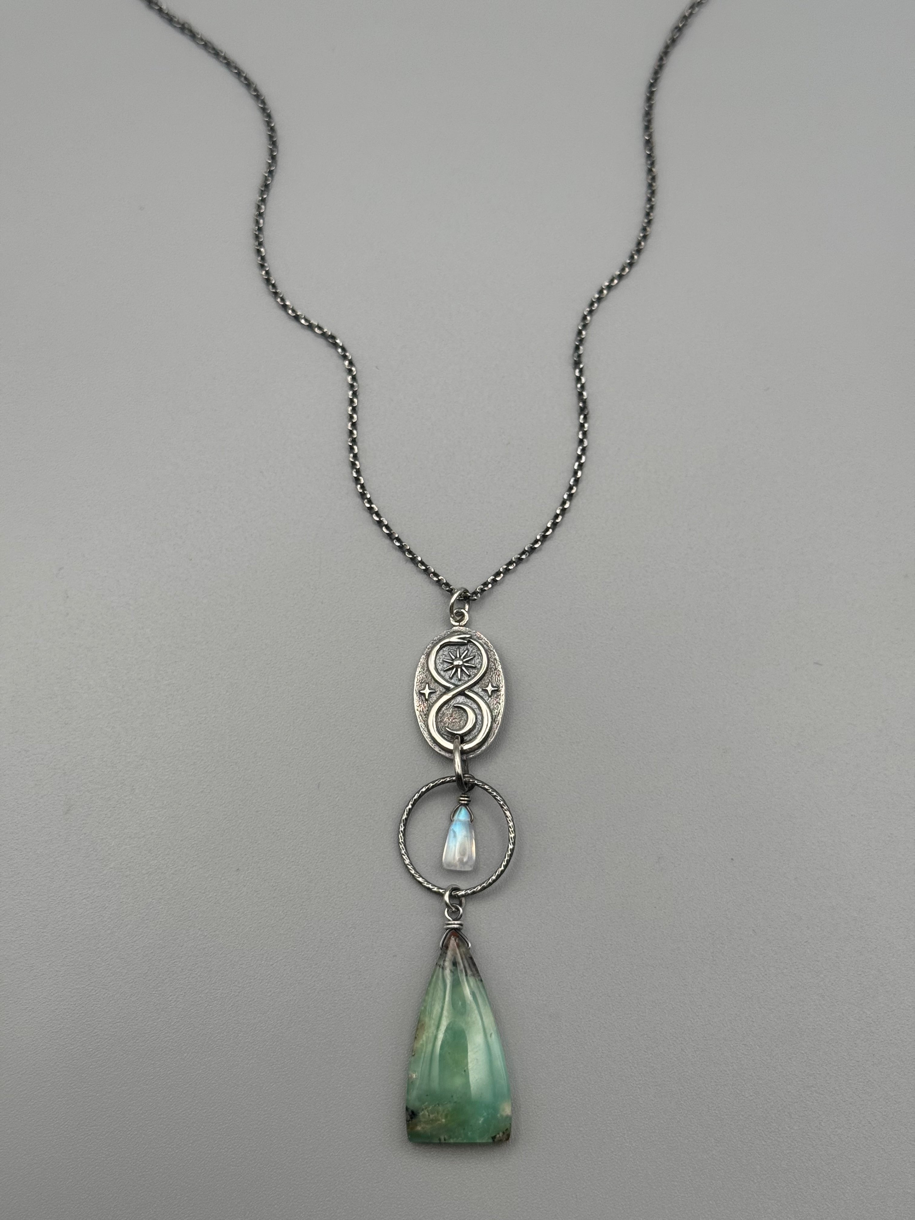 •NĀGA• rainbow moonstone + chrysoprase silver necklace (18"-20" long)