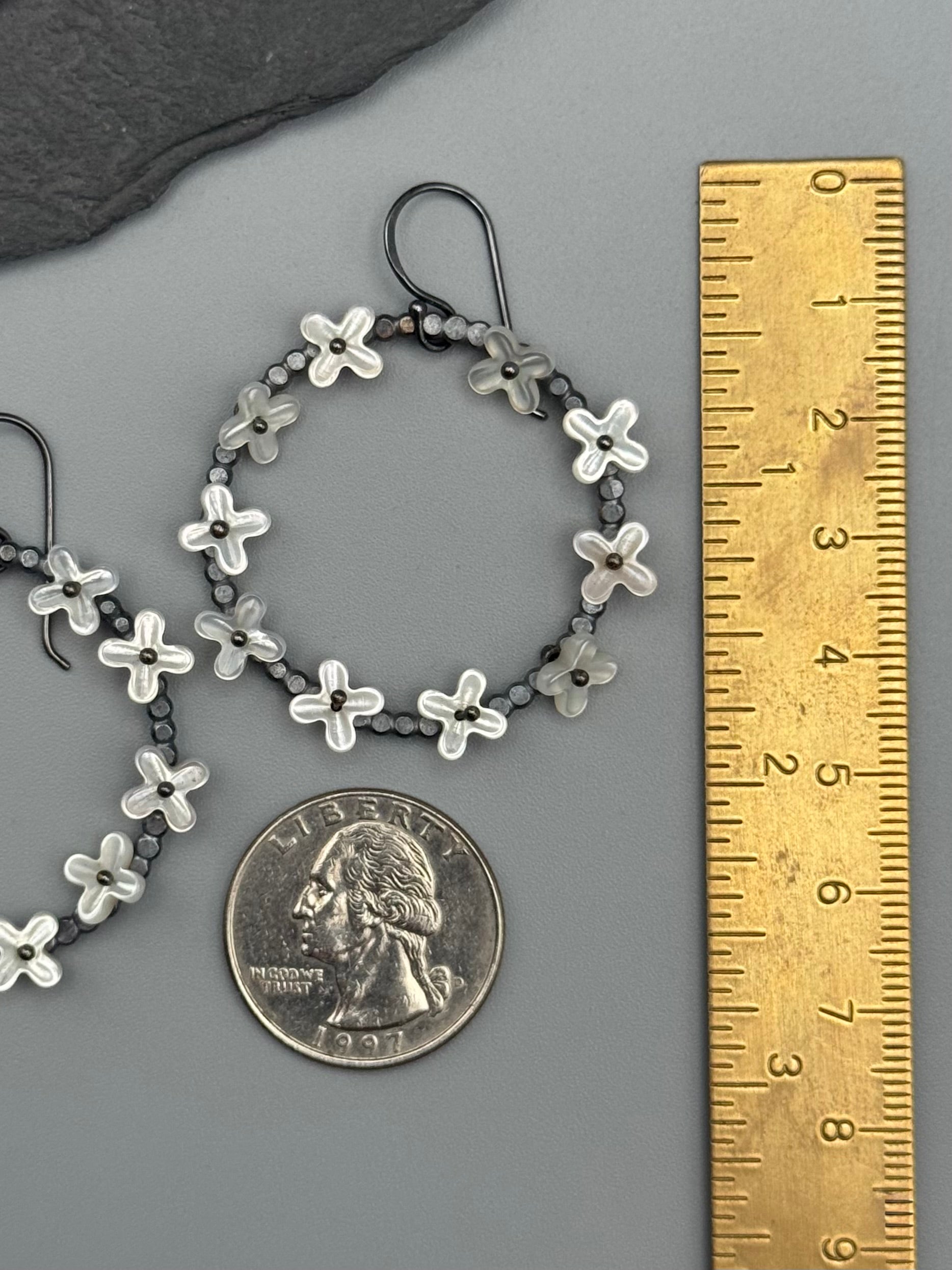 •FLORAL HOOP• mother of pearl + silver hoop earrings