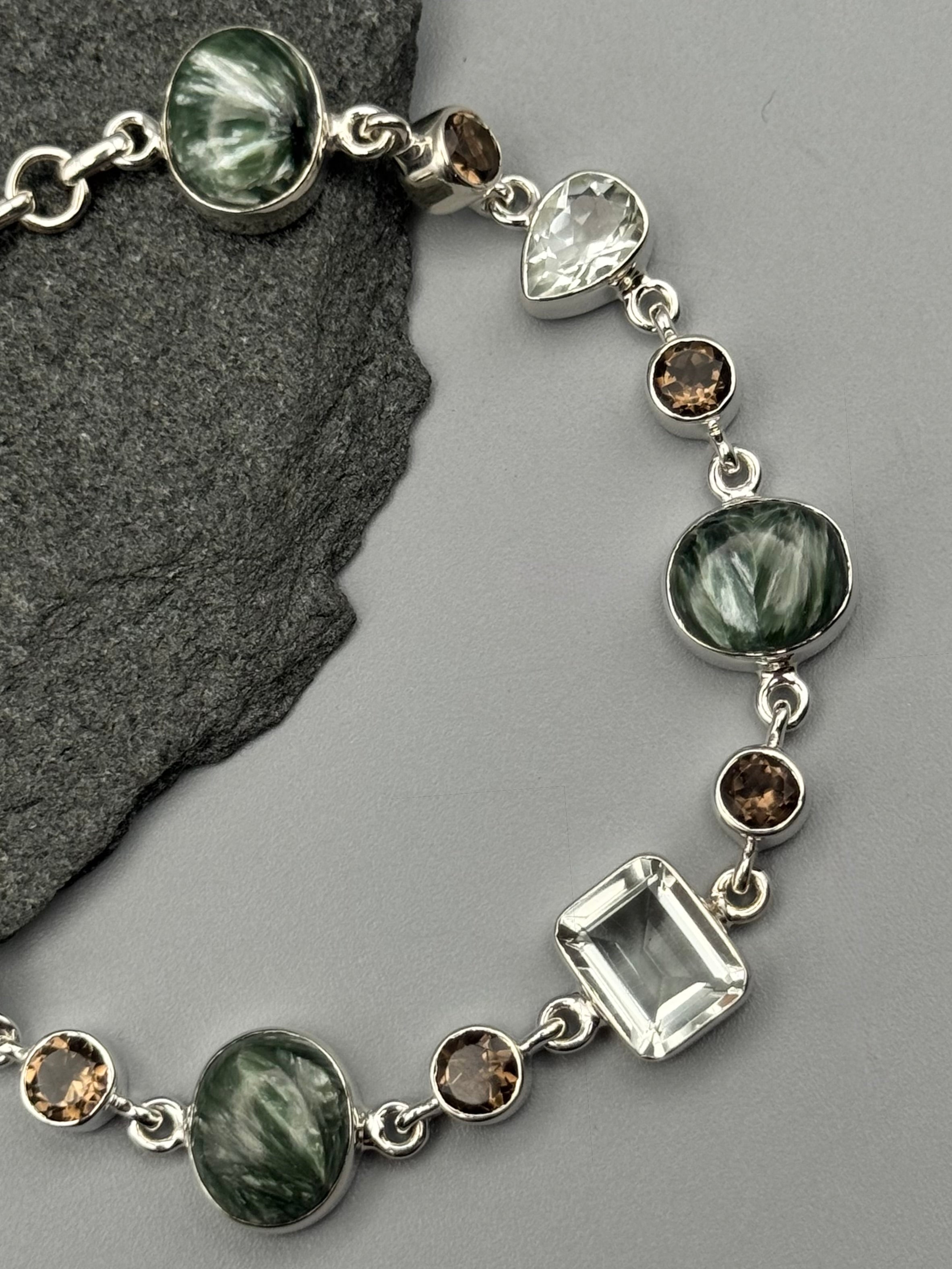 •SERAPHINITE - MULTI-STONE• linked silver bracelet (7.5" - 9")
