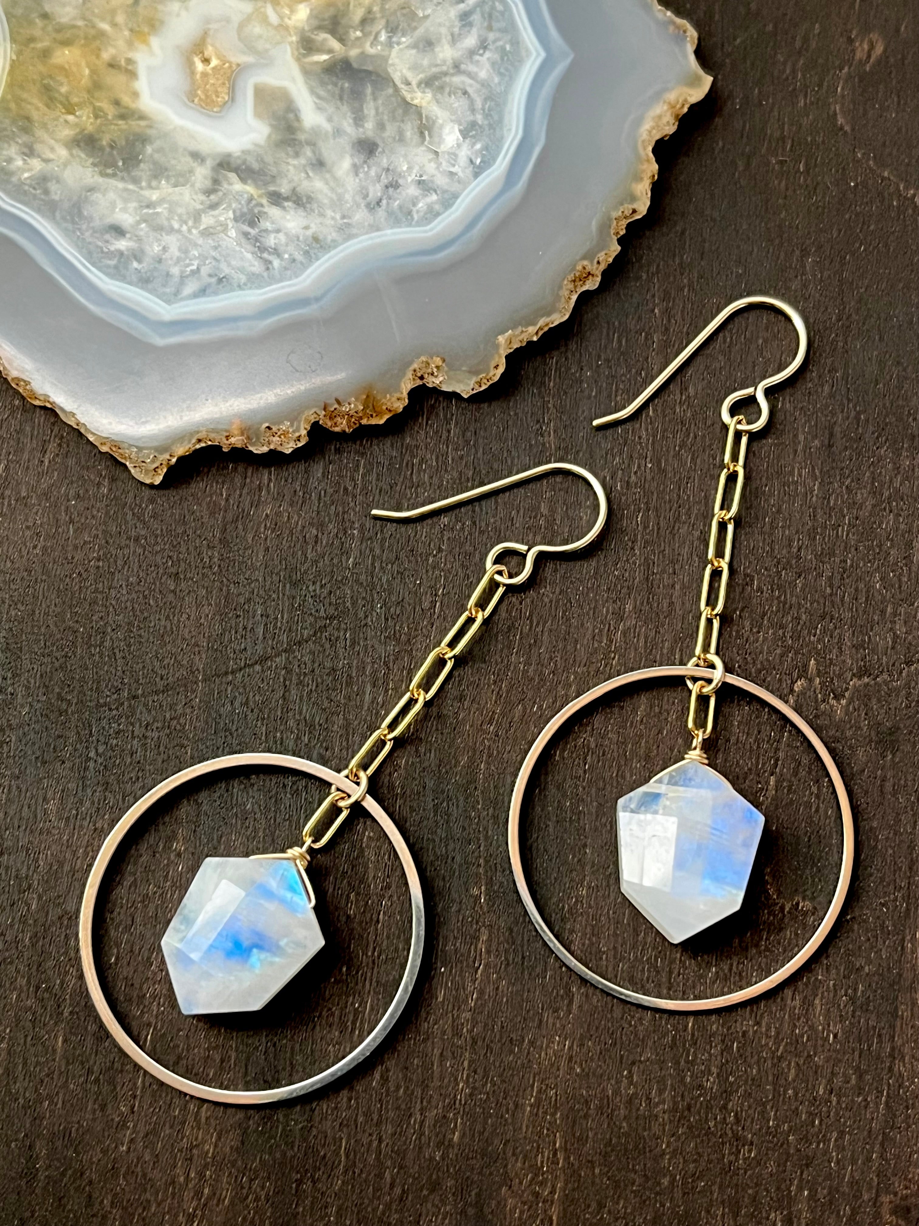 •ECLIPSE SWING• rainbow moonstone + mixed metal dangle earrings