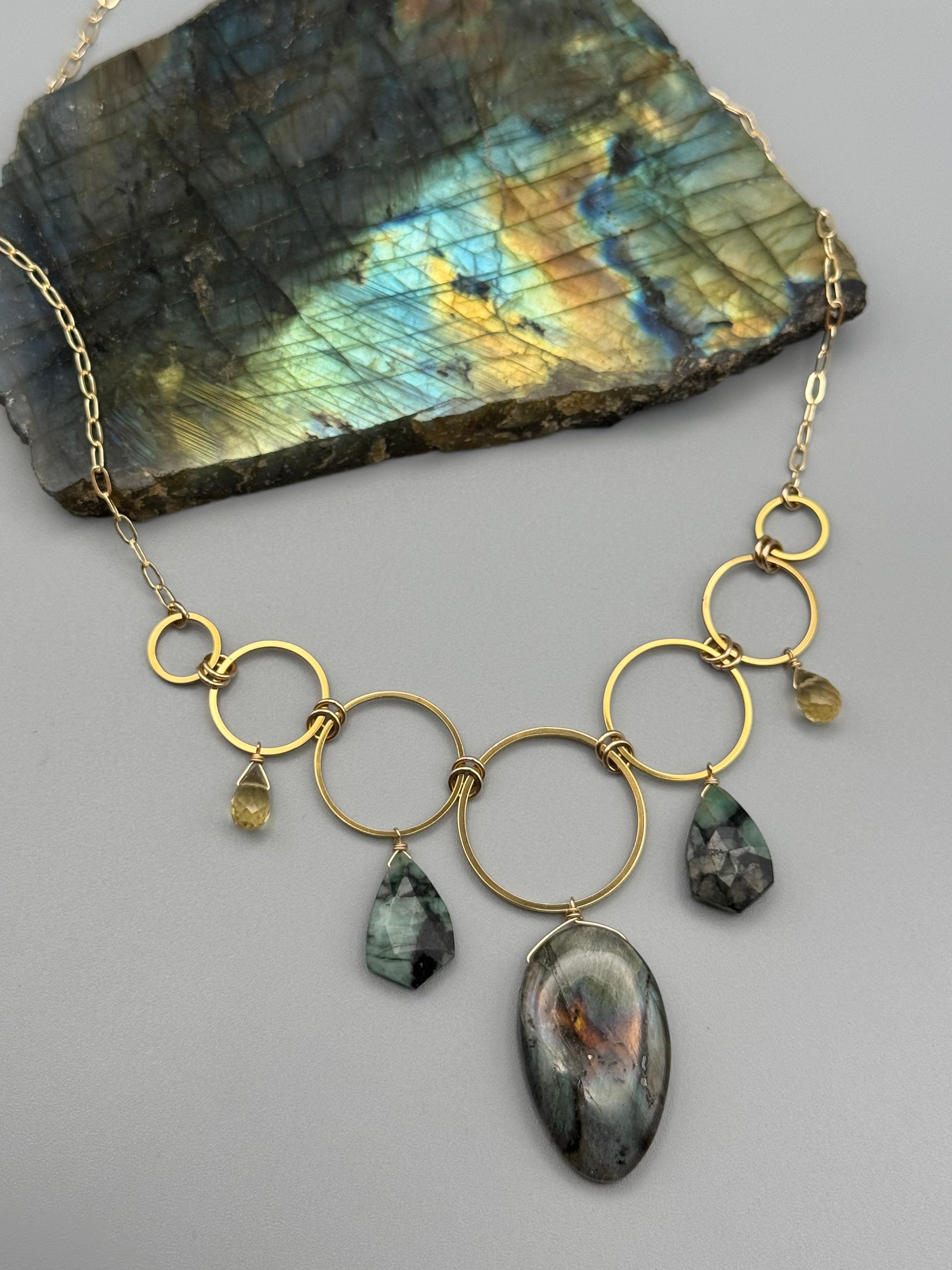 •UNION• labradorite + emerald + citrine gold necklace (18"-20" long)
