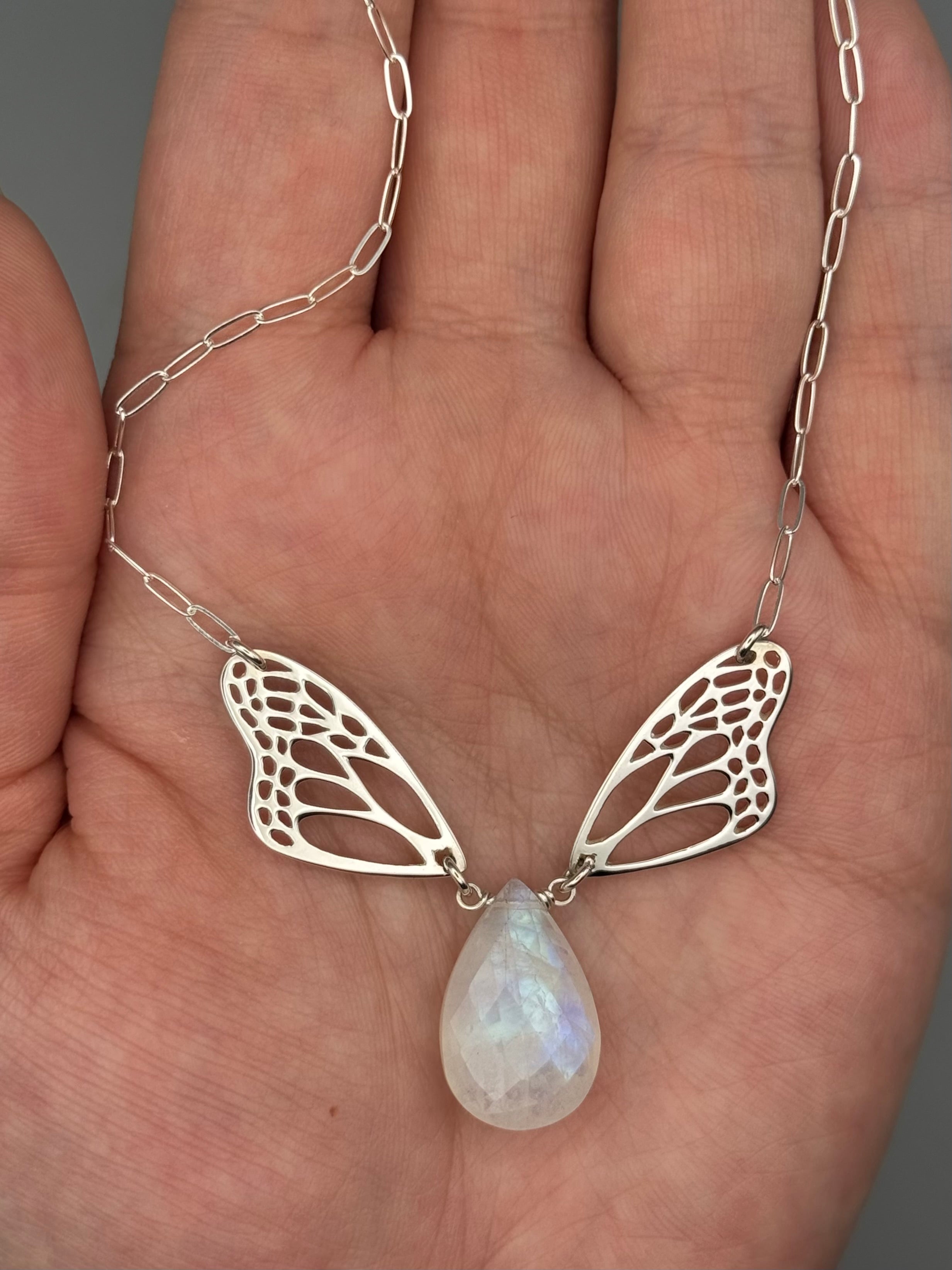 •METAMORPH• rainbow moonstone tear + silver necklace (16"-18" long)