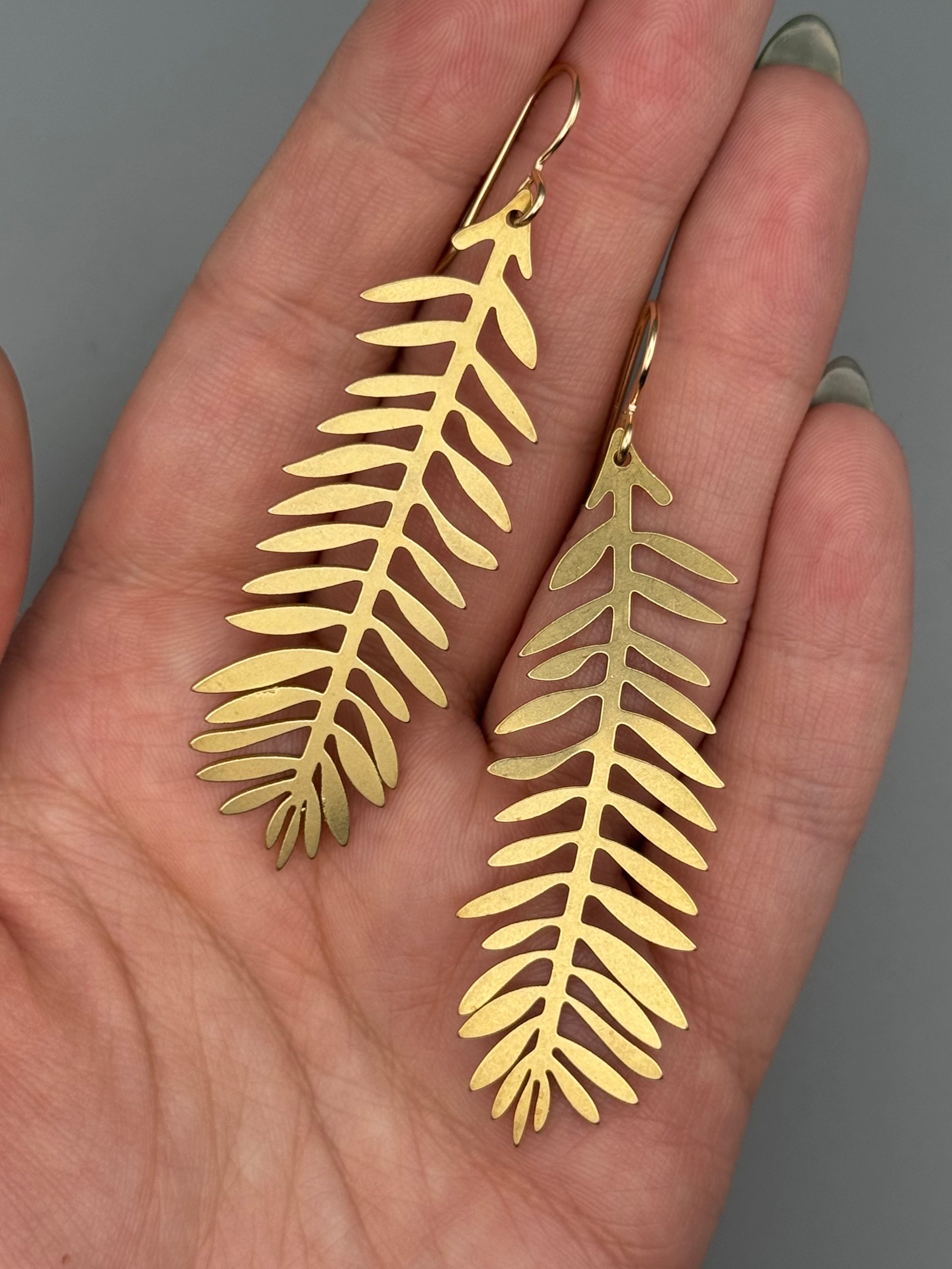 •LONG FERN• gold dangle earrings