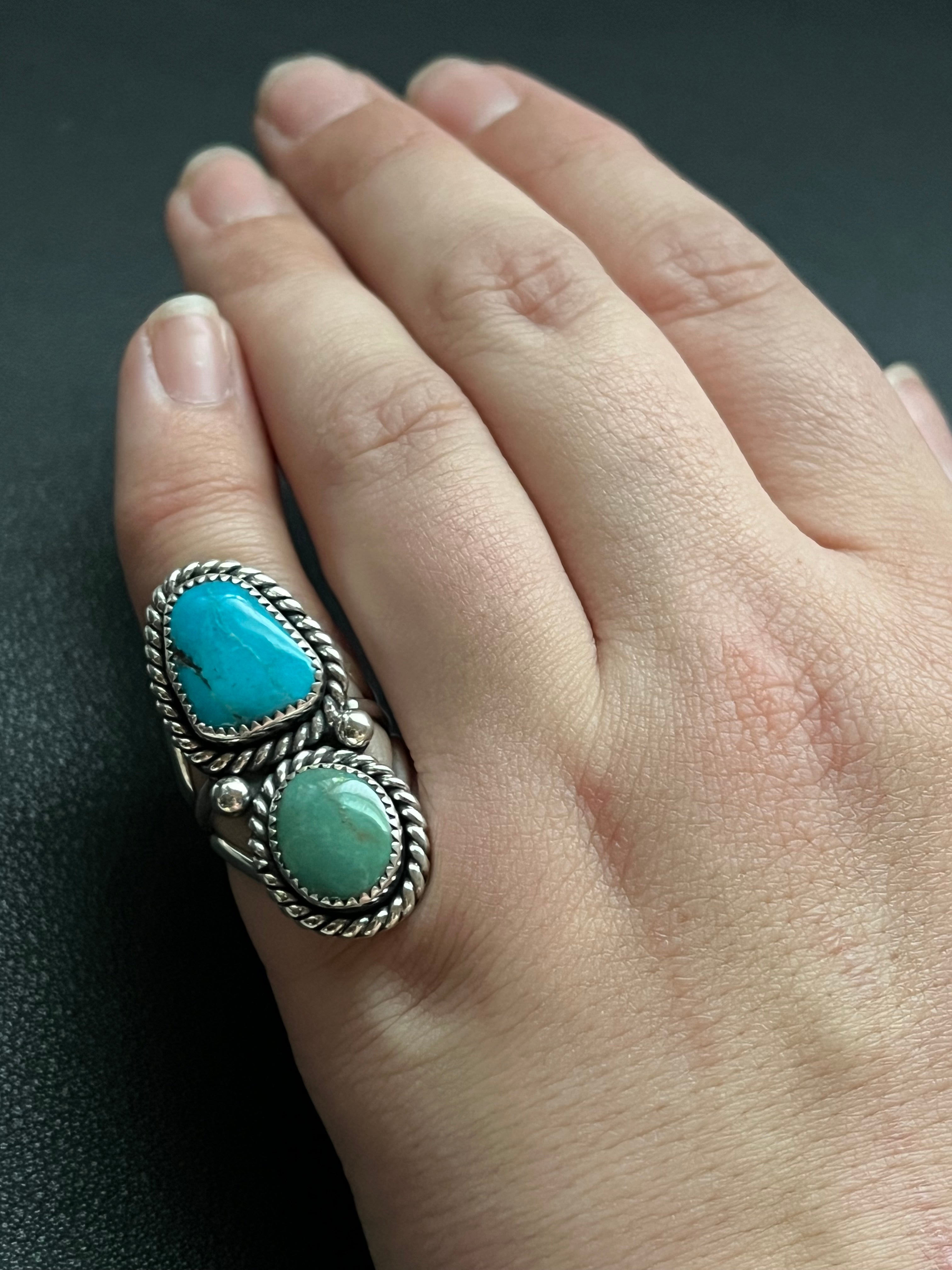 •KINGMAN TURQUOISE• Navajo silver double stone ring - size 6