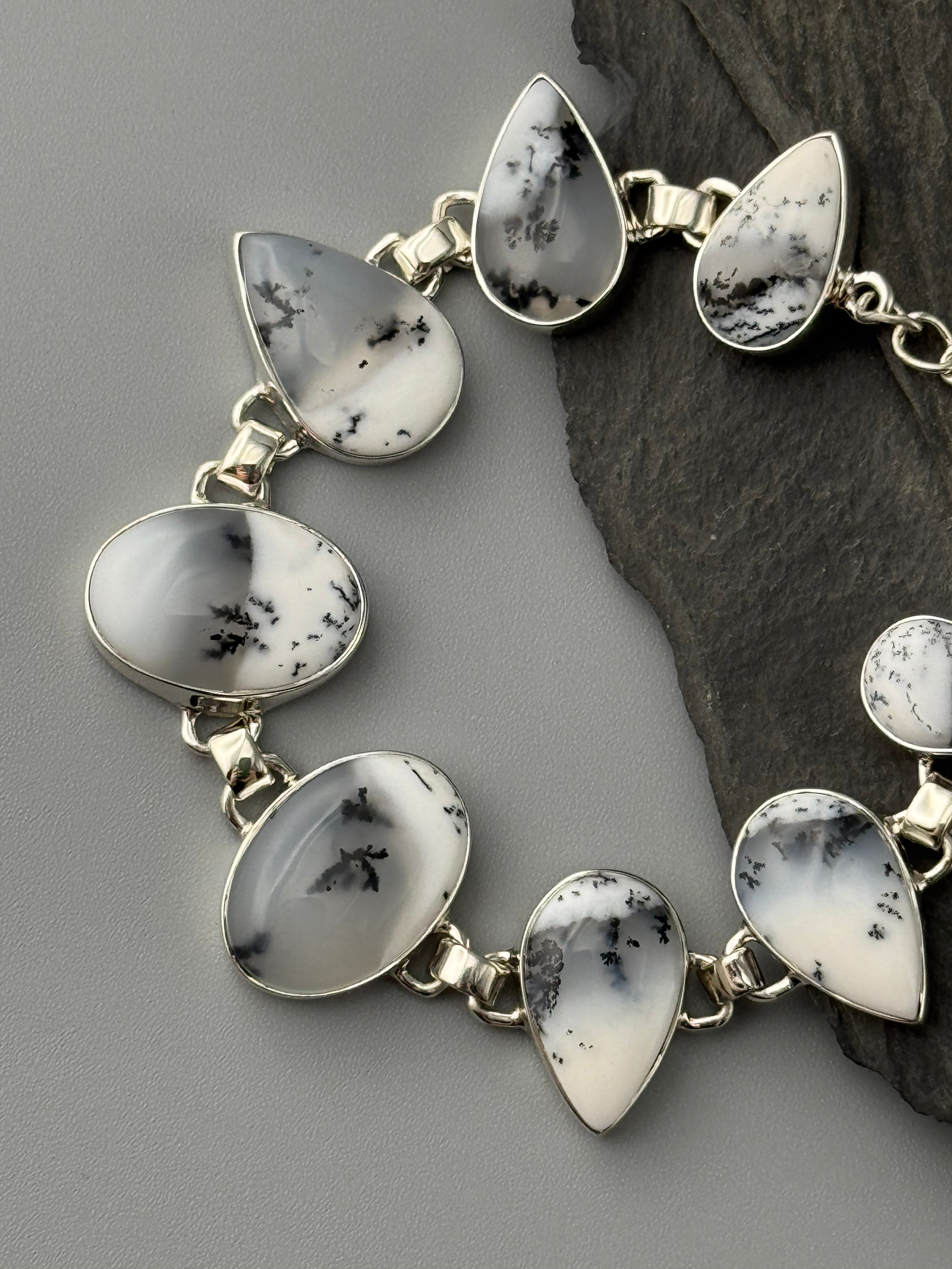 •DENDRITIC OPAL - GEO MIX• linked silver bracelet (6.25" - 7.5")