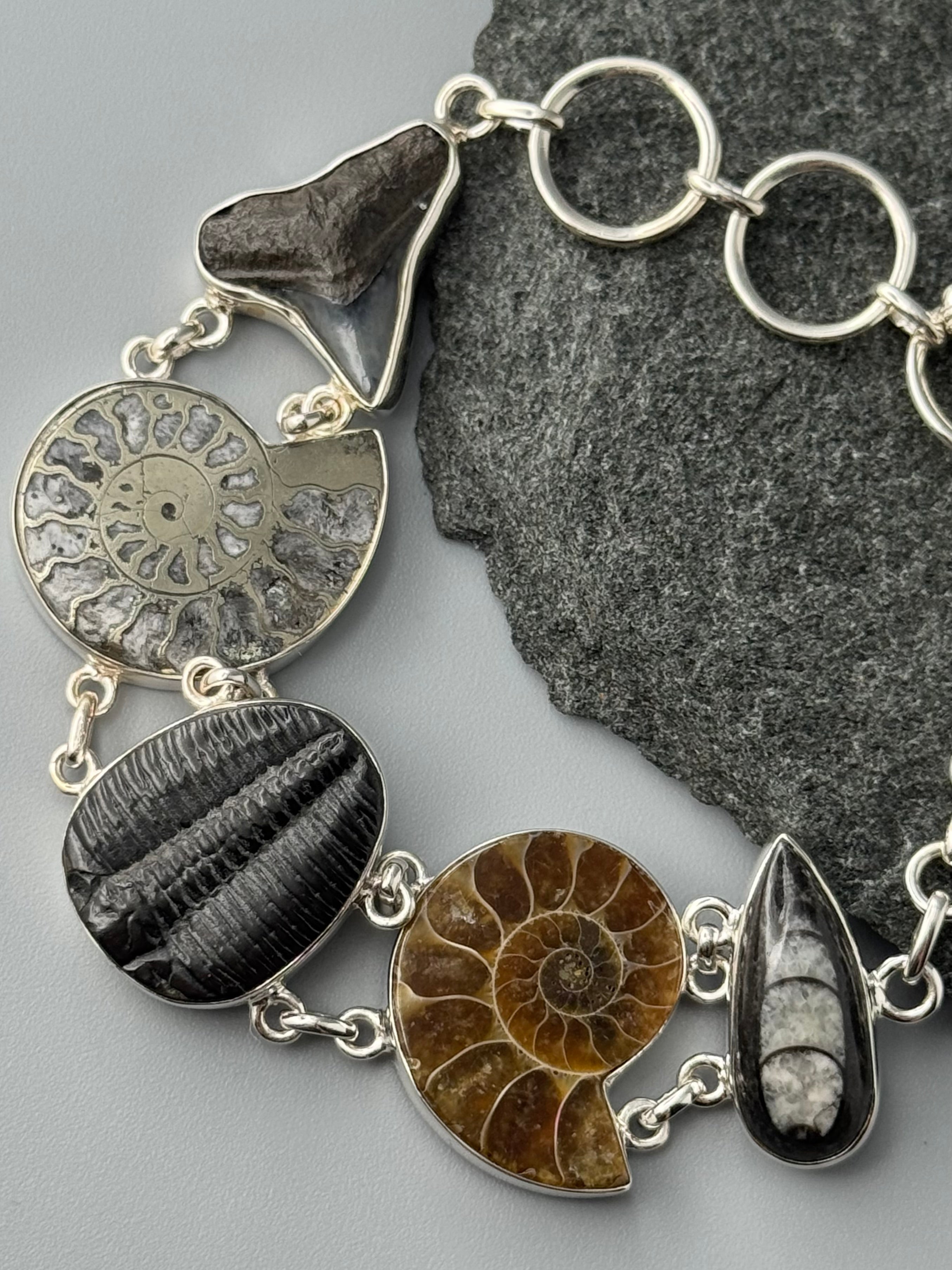 •MULTI FOSSIL• linked silver bracelet (7" - 8.5")
