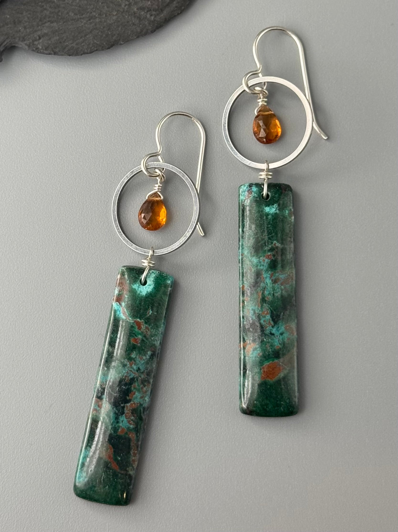 •LUNA• hessonite garnet + malachite silver earrings