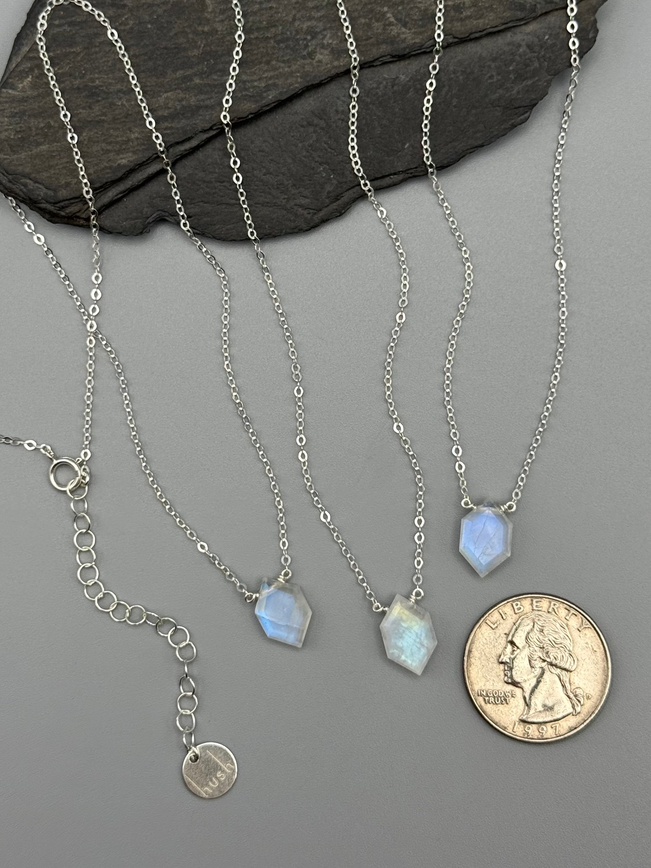 •STRAY• faceted rainbow moonstone lil' hex + silver necklace (various lengths)