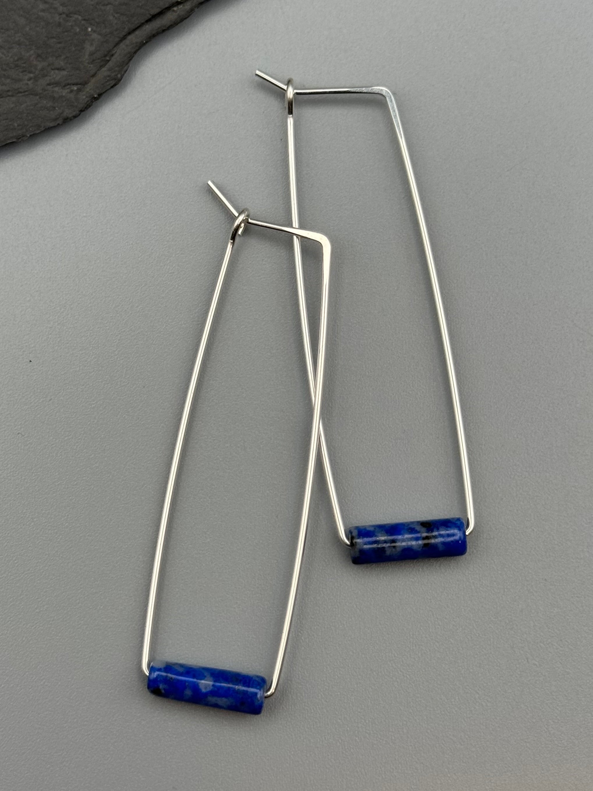•RECTANGLE TUBE HOOP• lapis + silver earrings