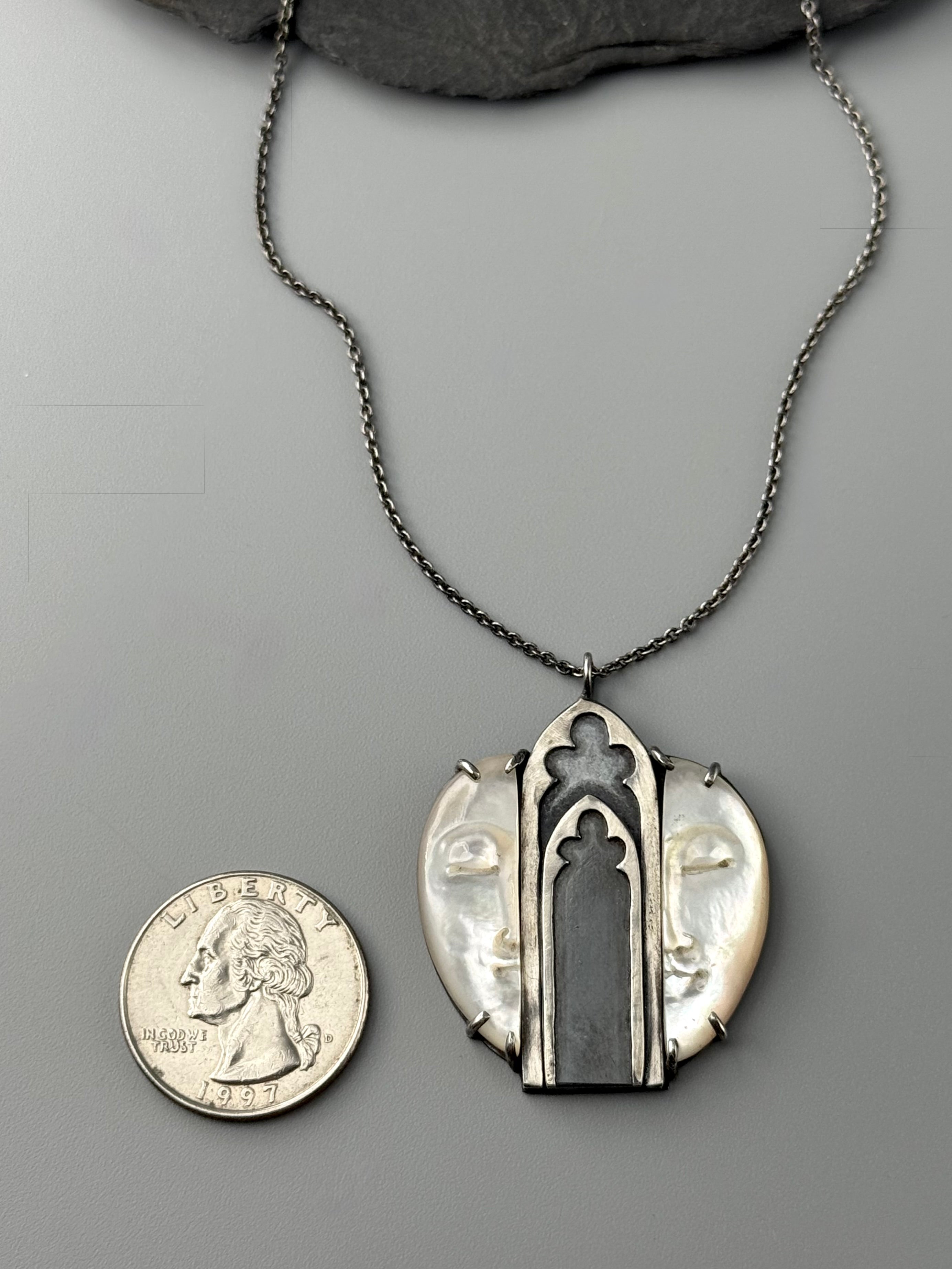 •GOTHIC ARCH + CAMEO• mother of pearl + silver necklace (18" long)